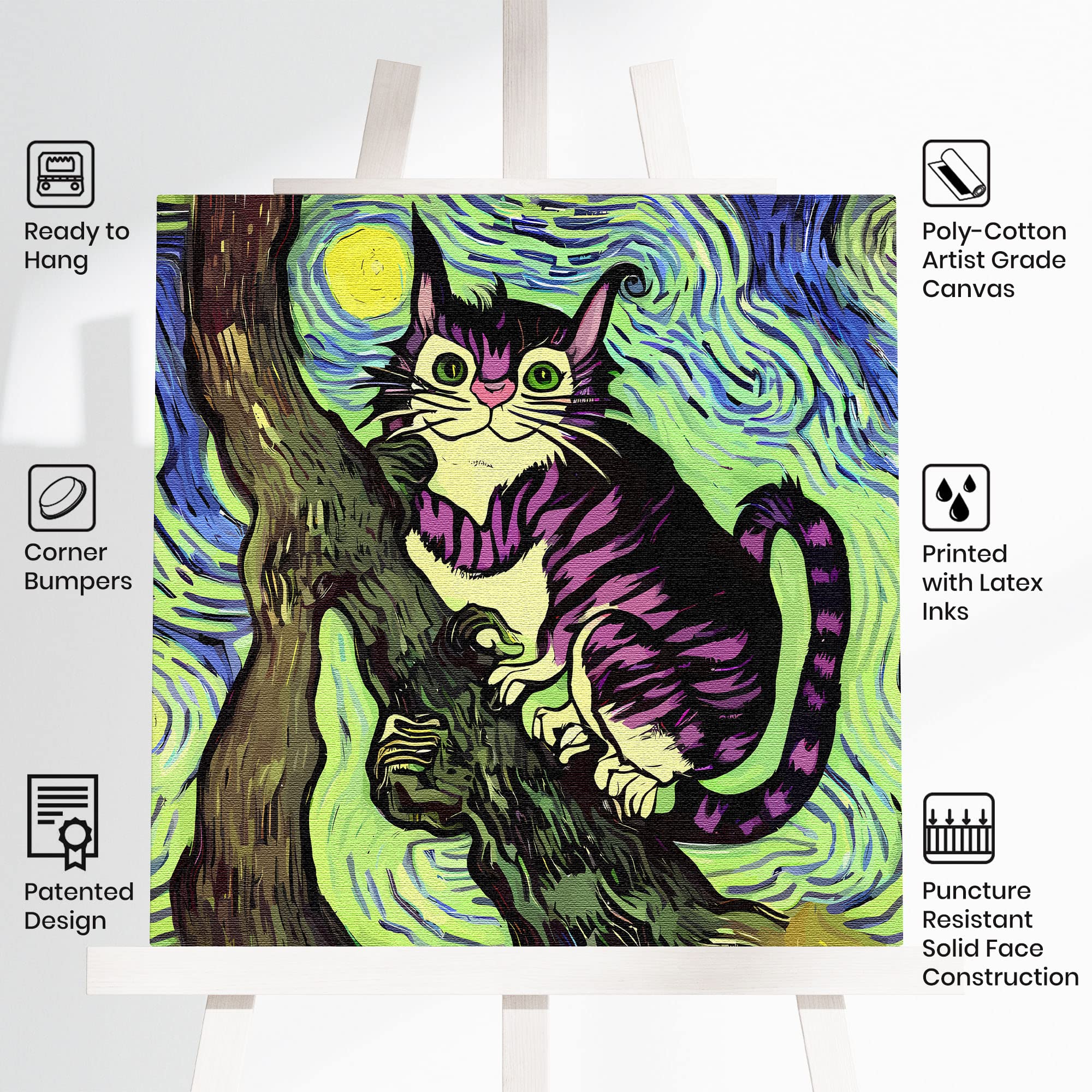 Colorful Cheshire cat wall art with bright purple stripes perched on tree branch against swirling vibrant blue and green night sky