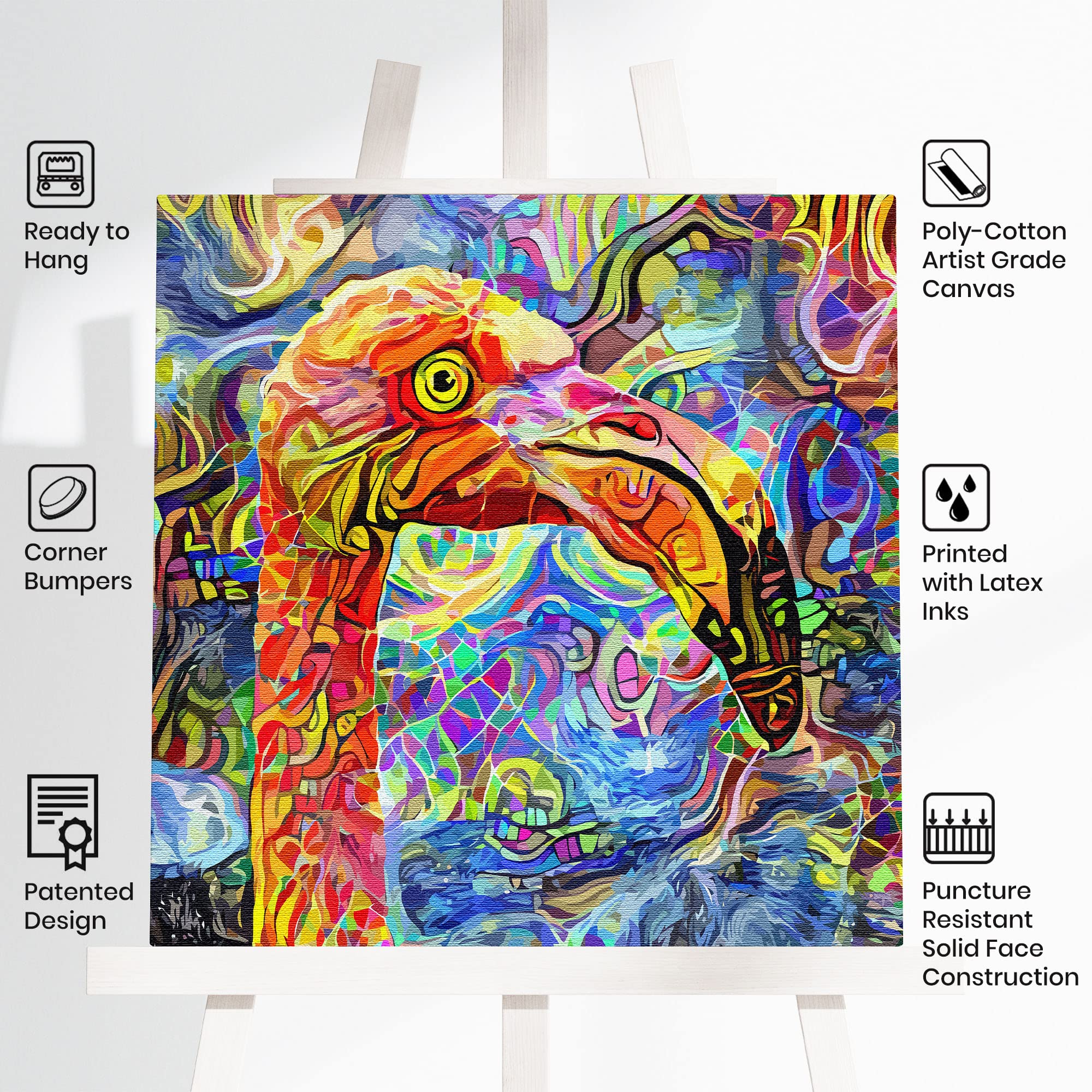 Colorful quirky abstract flamingo bird art with vibrant patterns on canvas displayed on easel with product feature icons