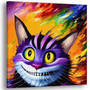 Vibrant purple Cheshire cat wall art with bright yellow eyes and wide grin on colorful fiery rainbow abstract background canvas