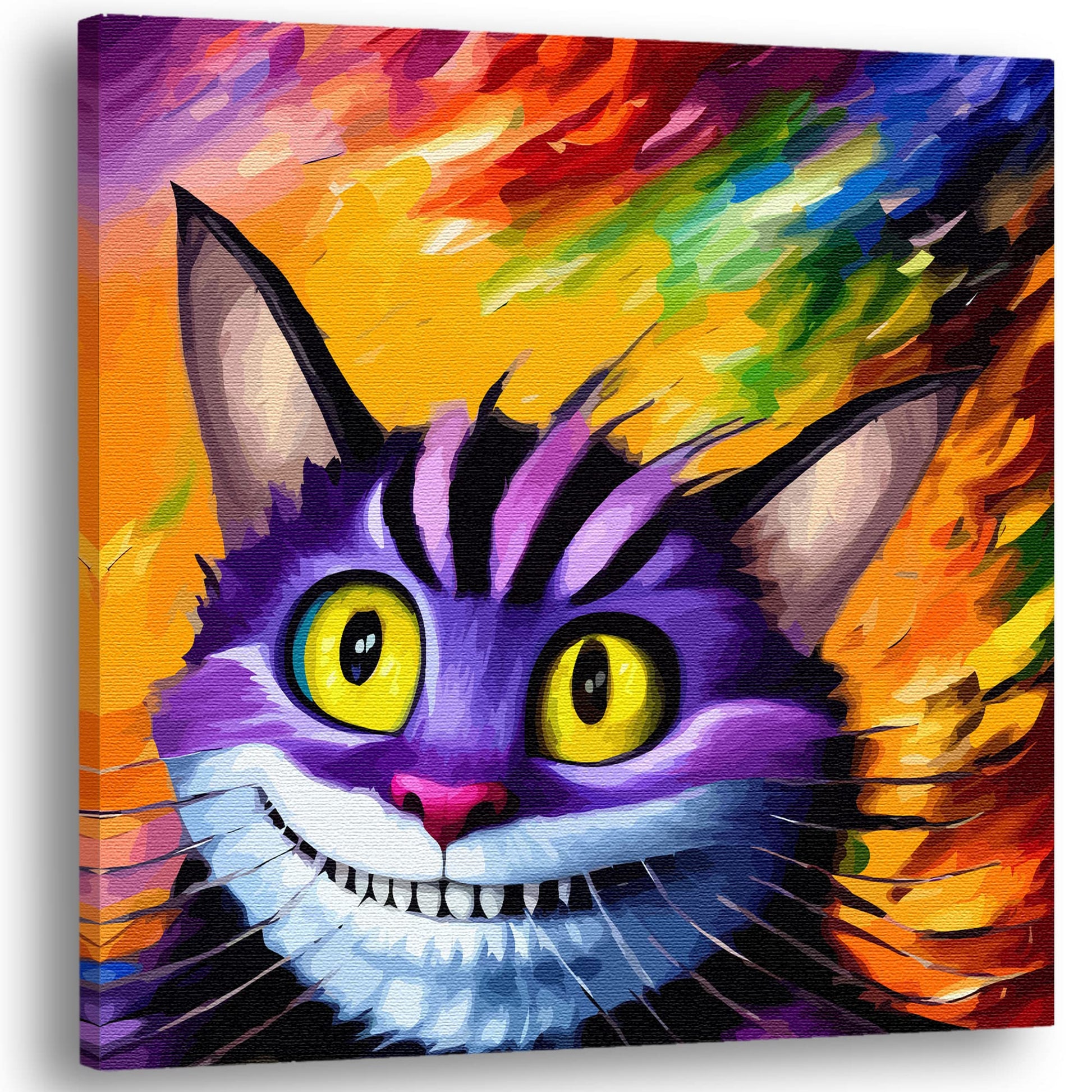 Vibrant purple Cheshire cat wall art with bright yellow eyes and wide grin on colorful fiery rainbow abstract background canvas