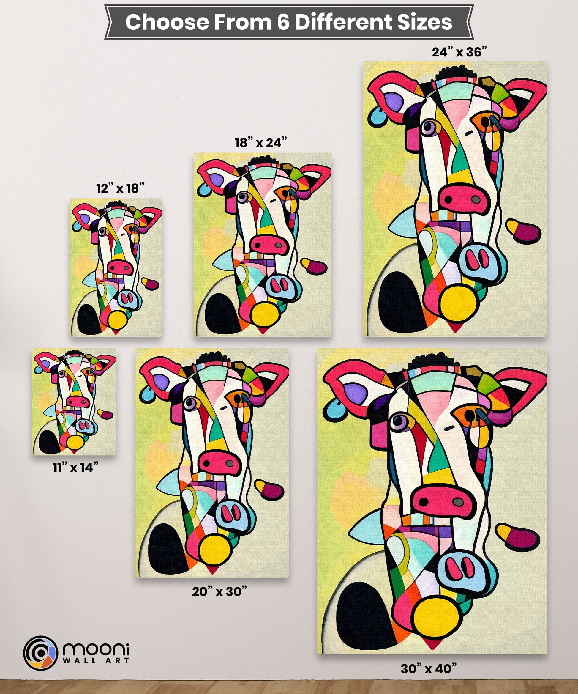 Colorful abstract cow art canvas with bold geometric shapes displayed in six different sizes on light wall