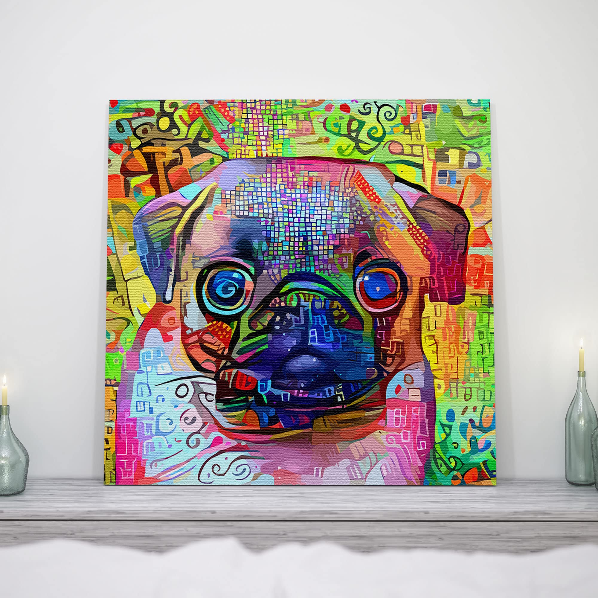 Colorful abstract Pug dog art with vibrant multicolor geometric patterns on square canvas displayed on mantel shelf with candles