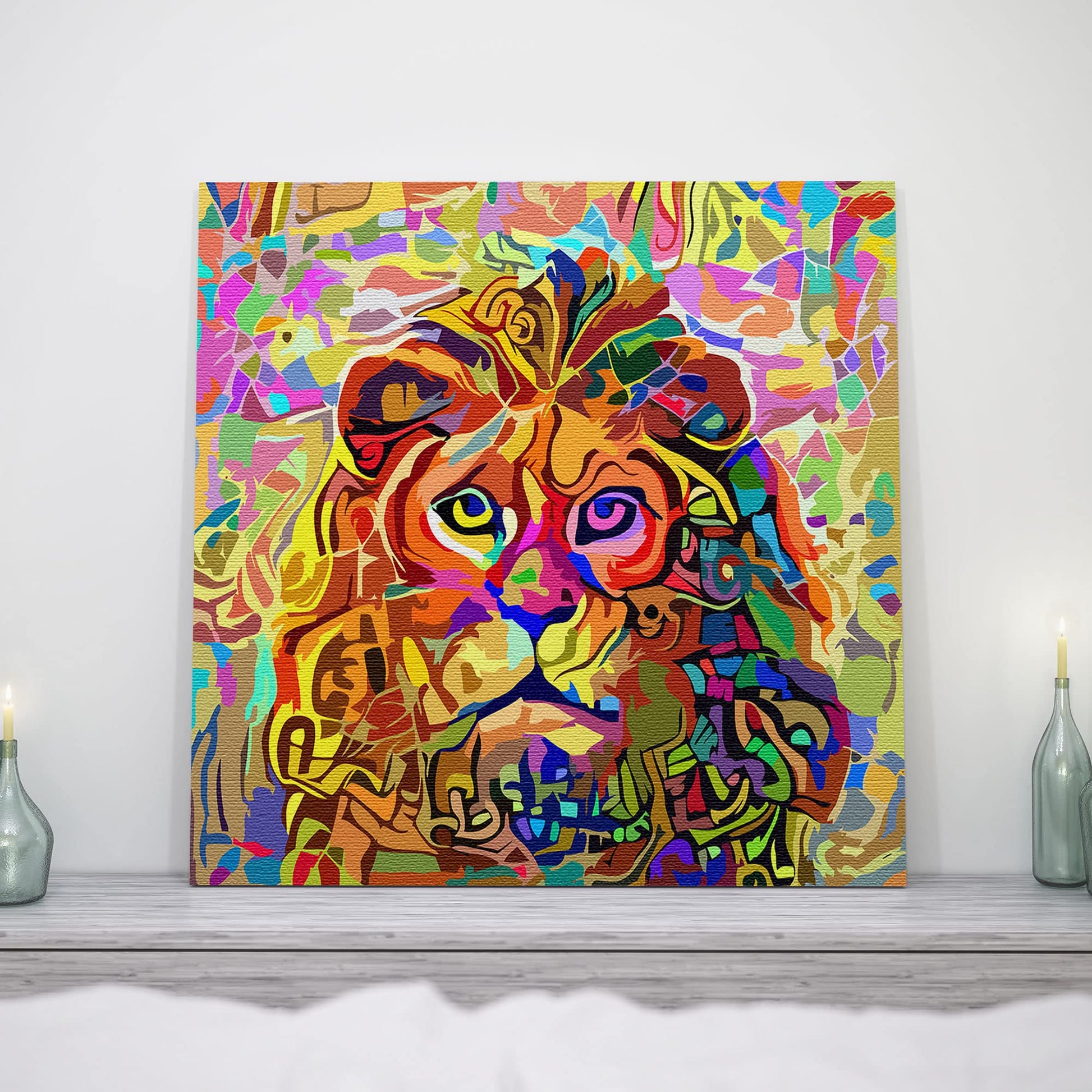 Vibrant colorful peaceful serene lion artwork on square canvas displayed on white wall above wooden shelf with candles