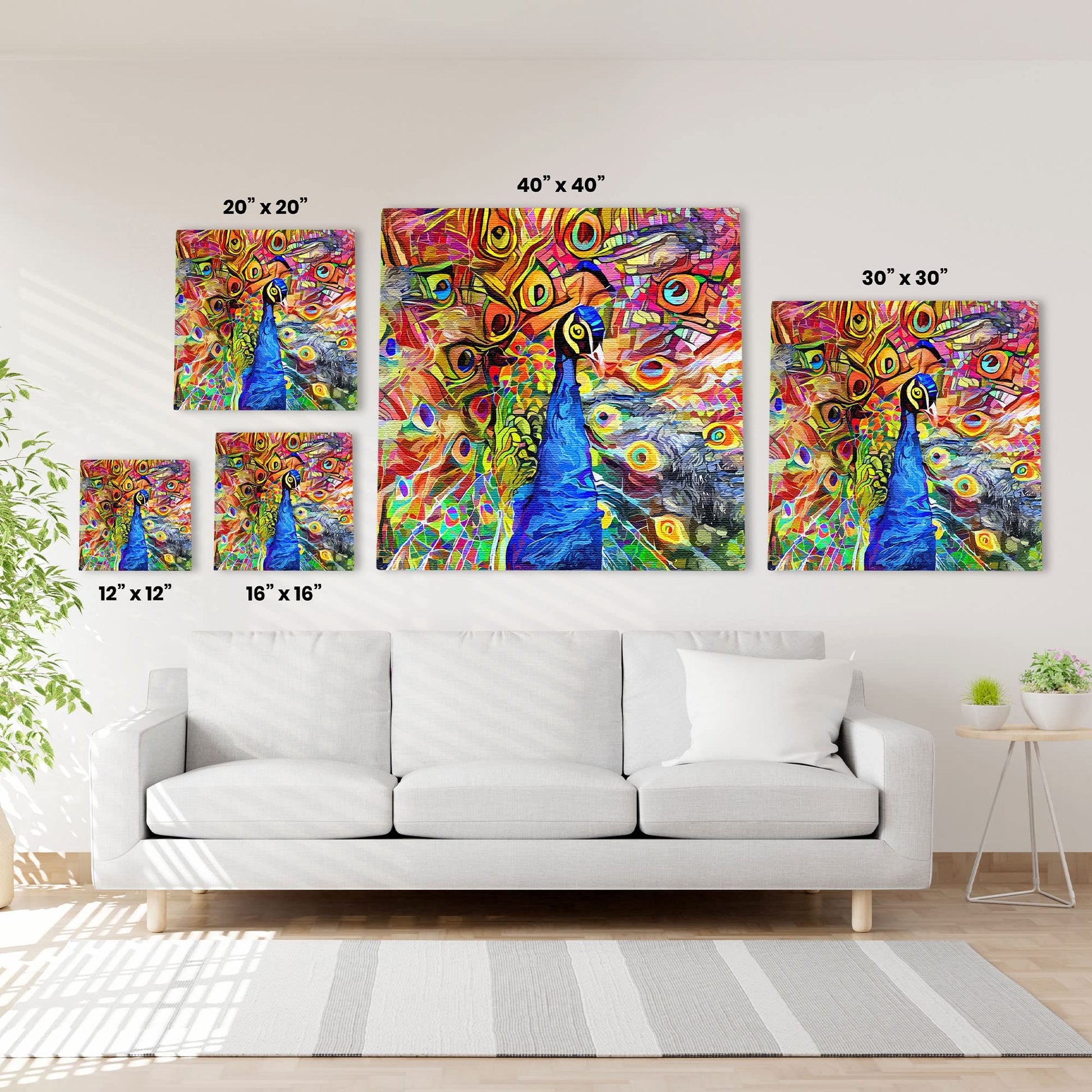 Colorful abstract peacock with vibrant geometric and swirling patterns on multi-size square wall art above white sofa
