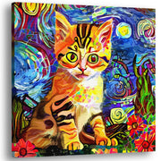 Colorful kitten wall art with bright orange and black stripes sitting against vibrant swirling blue and yellow starry abstract background