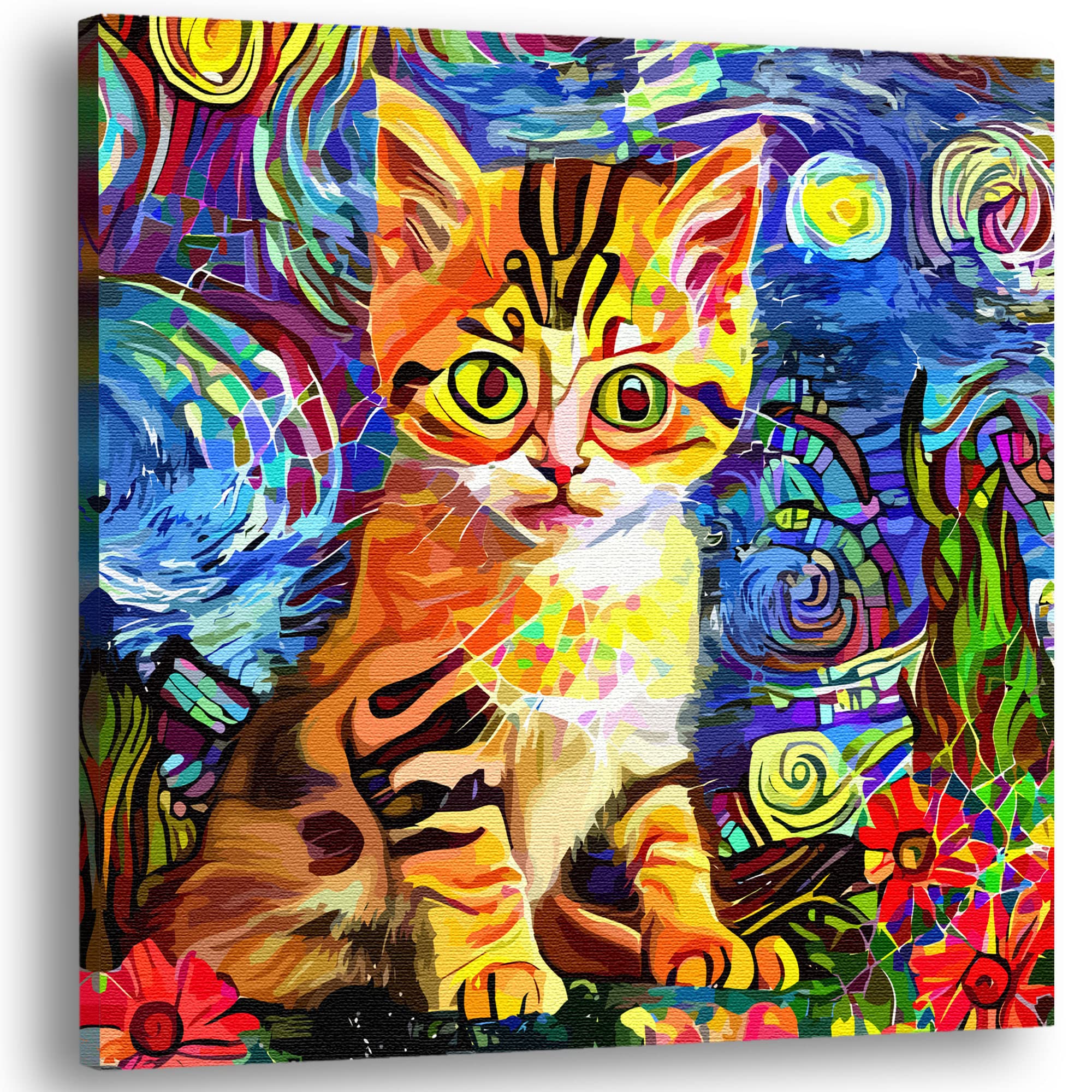 Colorful kitten wall art with bright orange and black stripes sitting against vibrant swirling blue and yellow starry abstract background