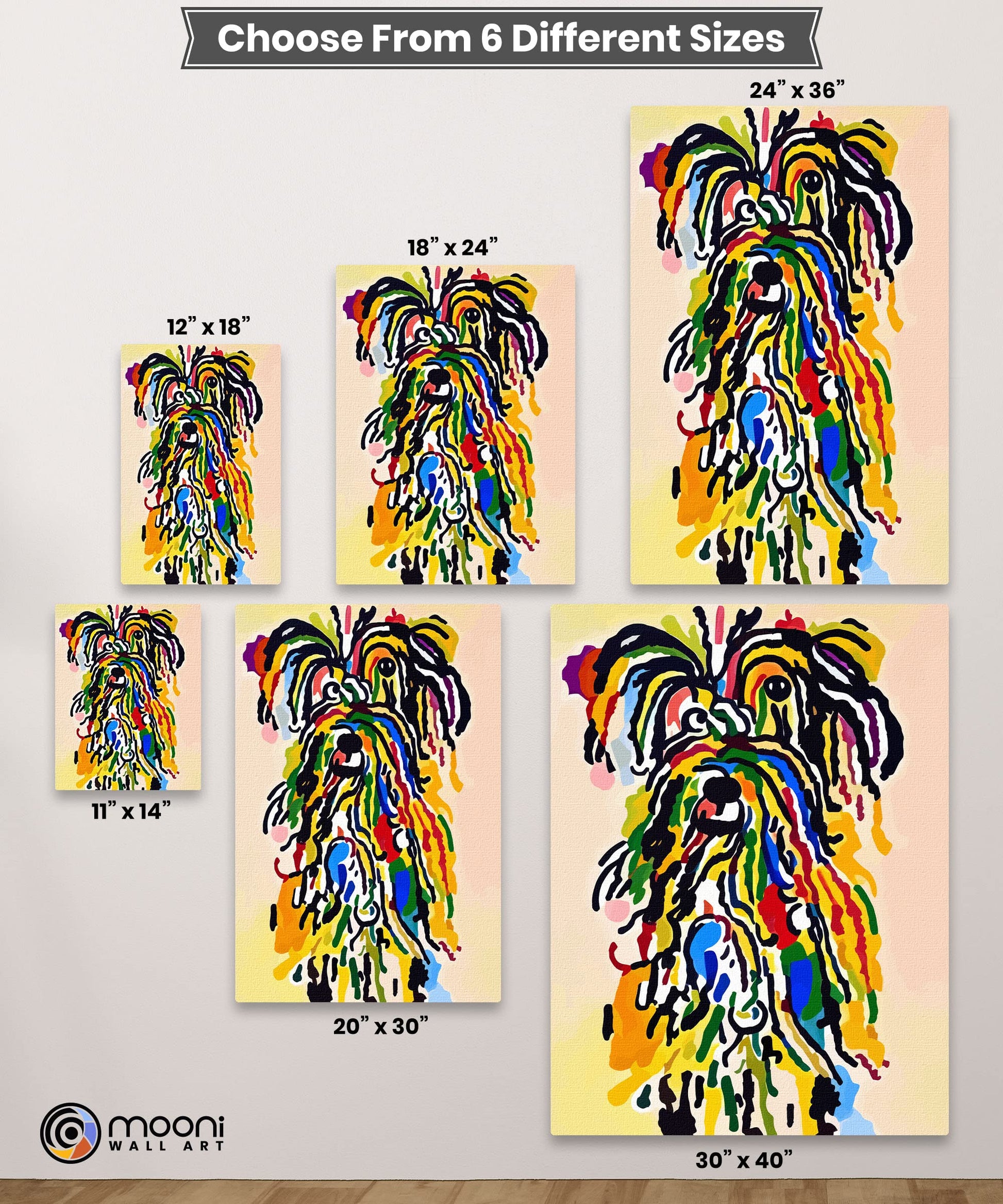 Colorful funny abstract shaggy dog art with vibrant multicolor brush strokes on canvas in six size options display