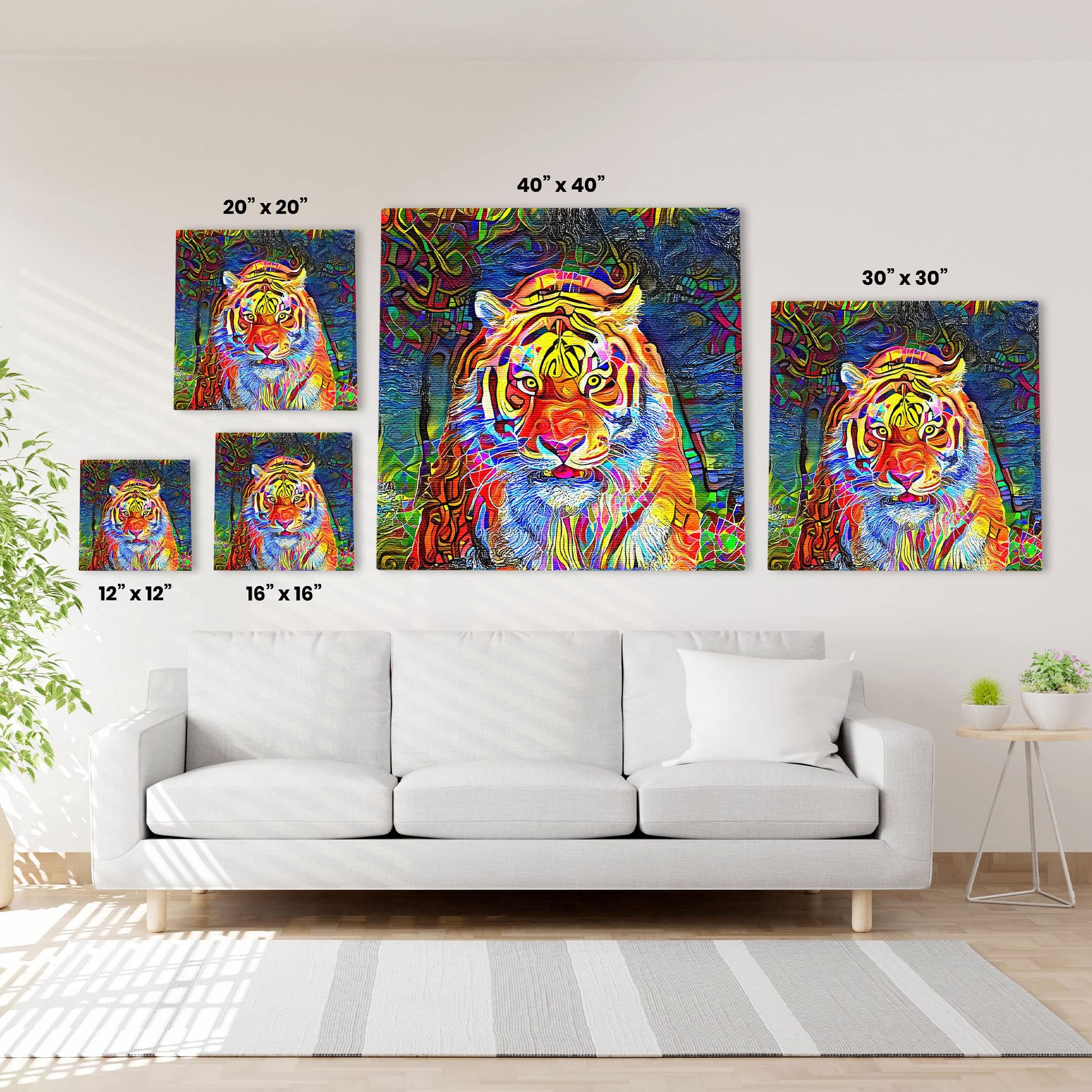 Abstract colorful tiger with vibrant geometric and swirling patterns on multicolor background printed on canvas above white sofa in living room