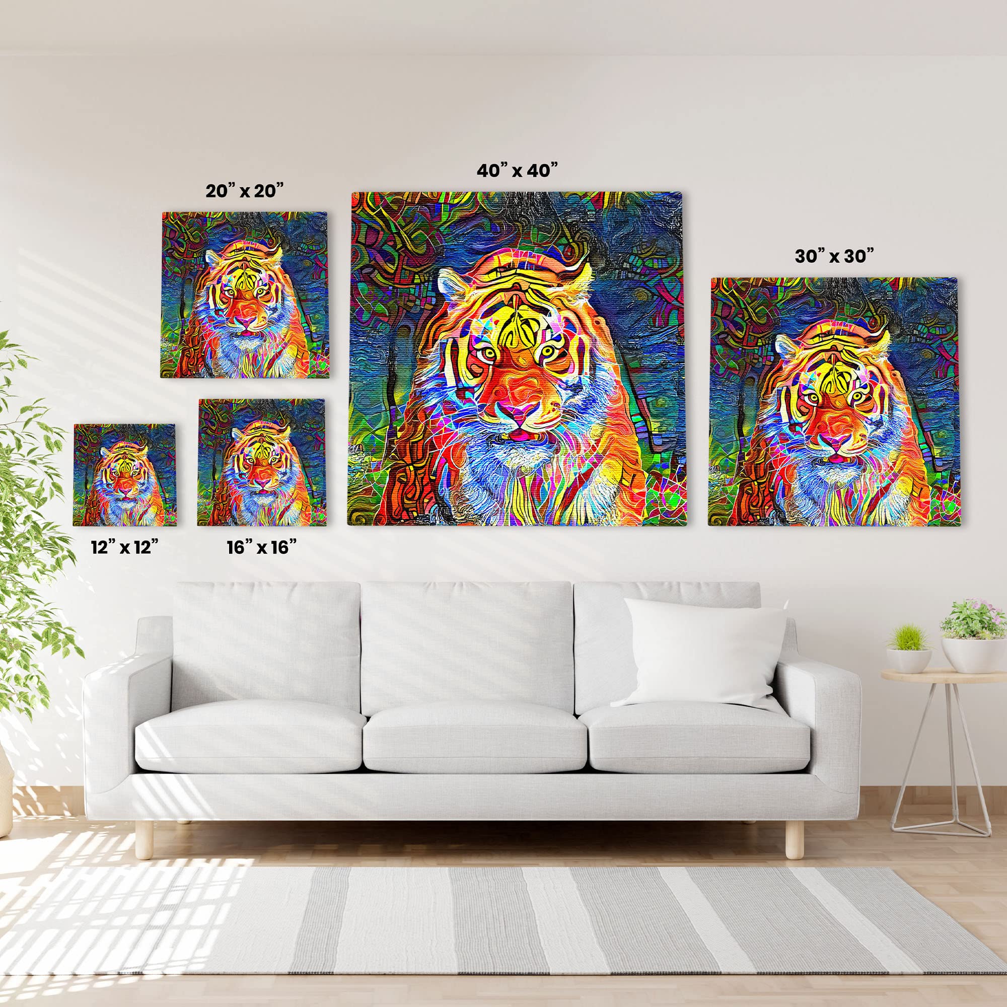 Abstract colorful tiger with vibrant geometric and swirling patterns on multicolor background printed on canvas above white sofa in living room