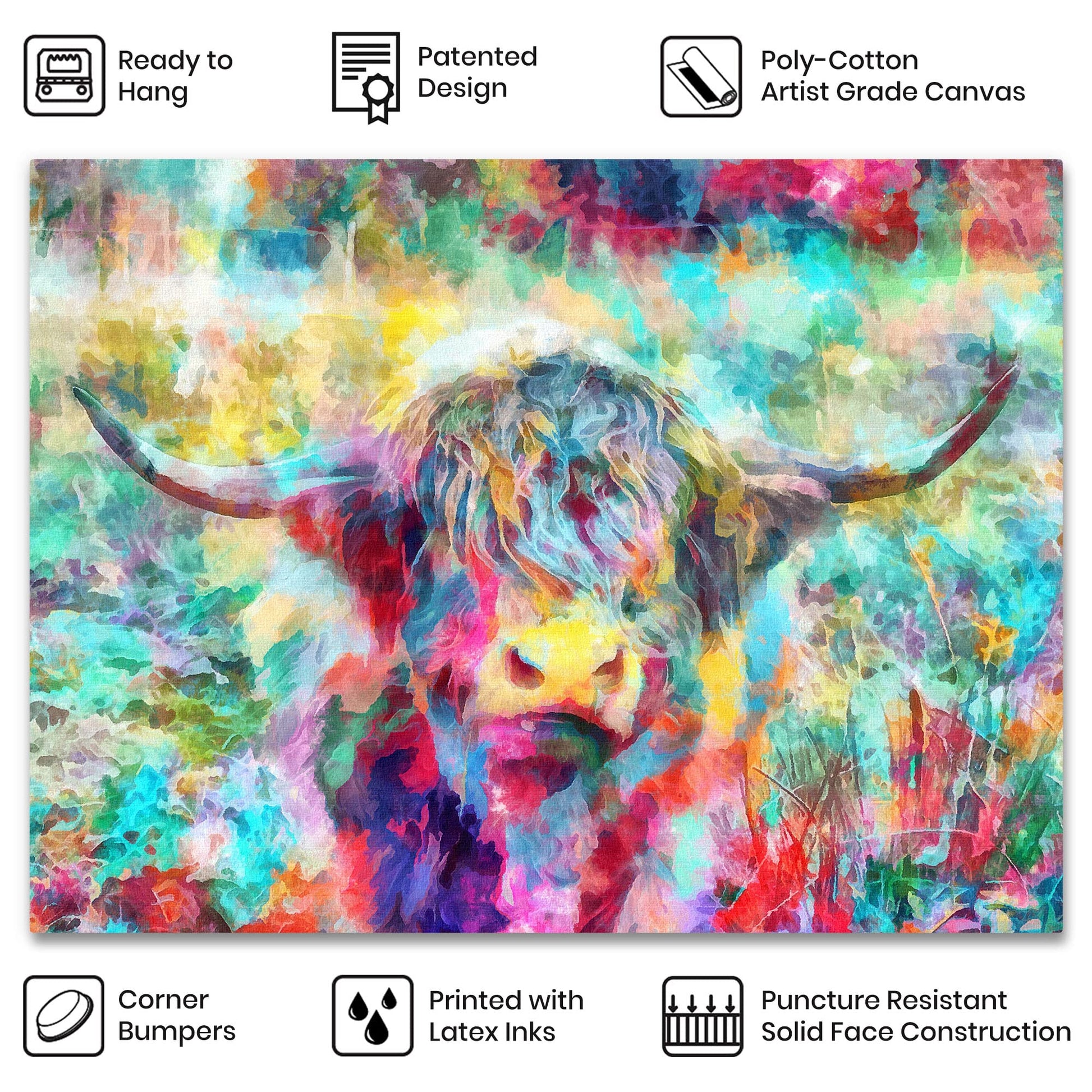 Abstract colorful Highland cow watercolor canvas artwork with vibrant blues, pinks, yellows, and greens in fluid painterly style