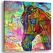 Vibrant colorful abstract horse art canvas on textured fabric displayed in modern minimalist wall decor setting