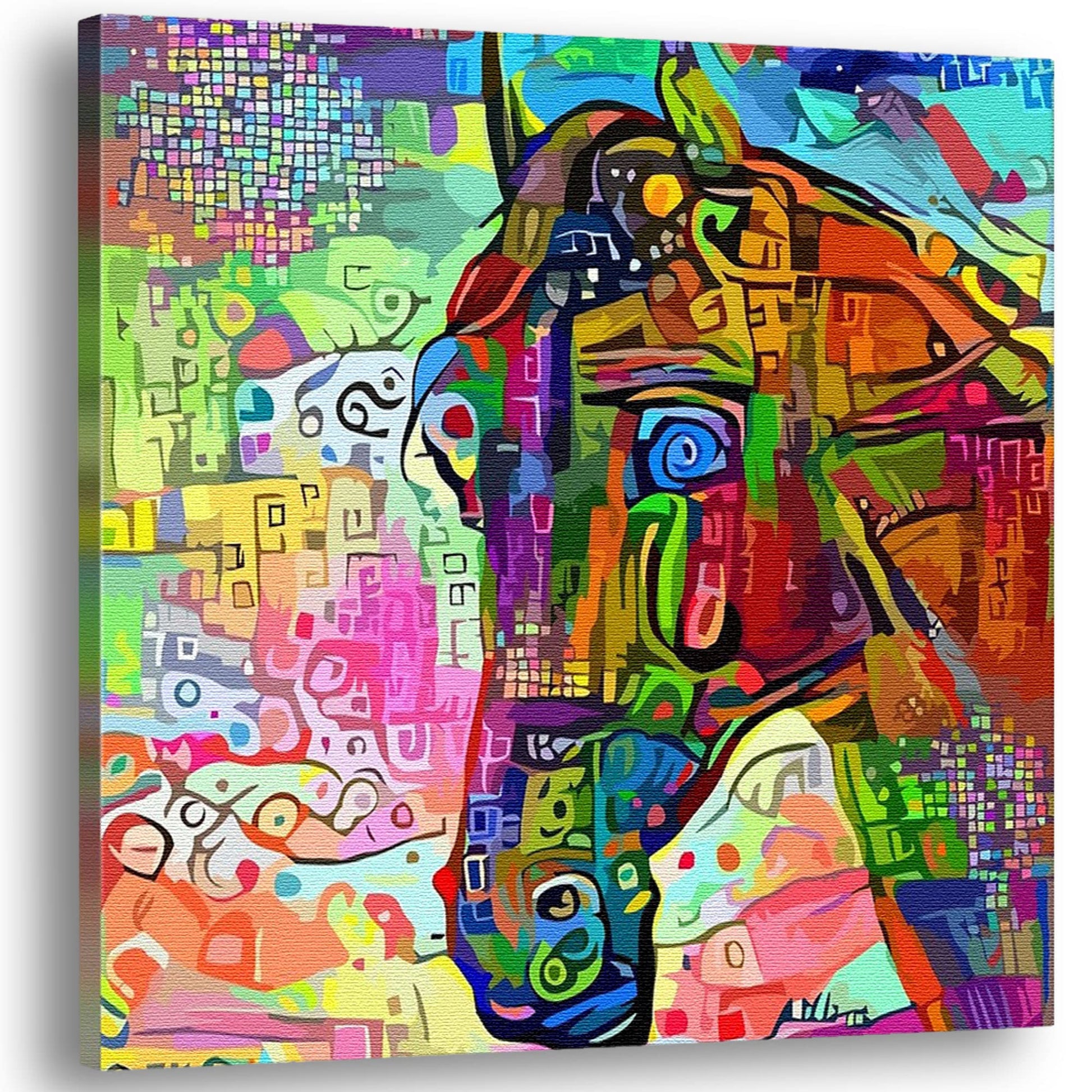 Vibrant colorful abstract horse art canvas on textured fabric displayed in modern minimalist wall decor setting