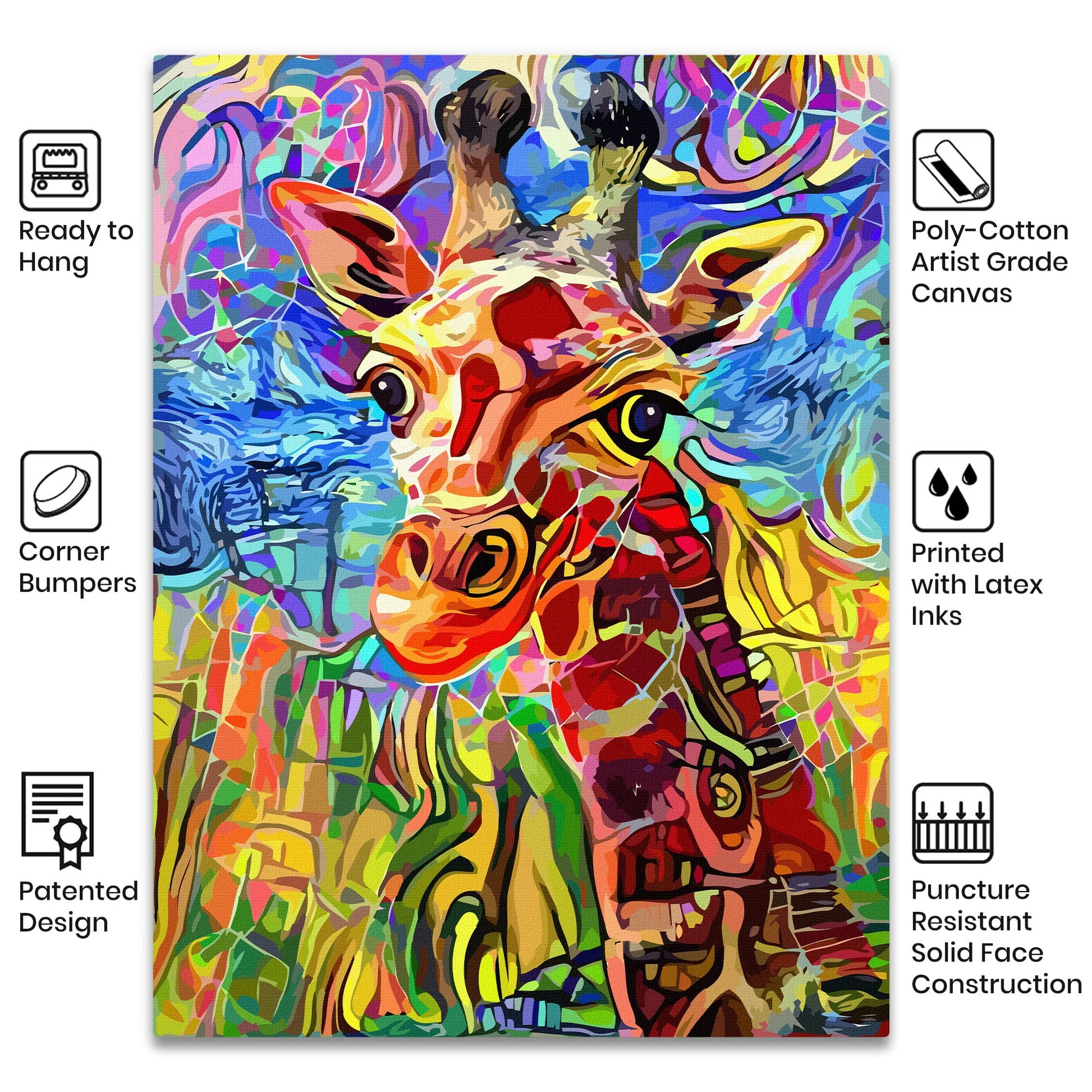 Vibrant colorful giraffe portrait - showing product features and benefits - with abstract patterns printed on canvas ready to hang with protective corner bumpers