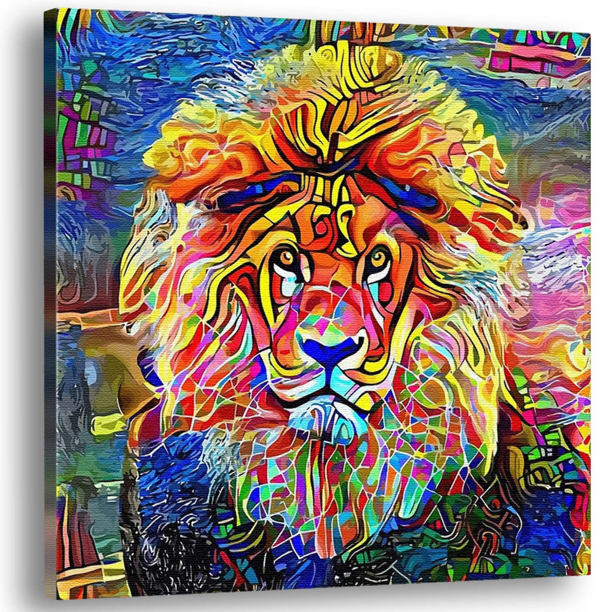 Colorful abstract lion face wall art with vibrant geometric patterns on textured canvas in bright artistic setting
