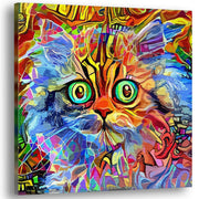 Vibrant multicolor cat wall art with abstract geometric patterns and large bright eyes on square canvas displayed angled view