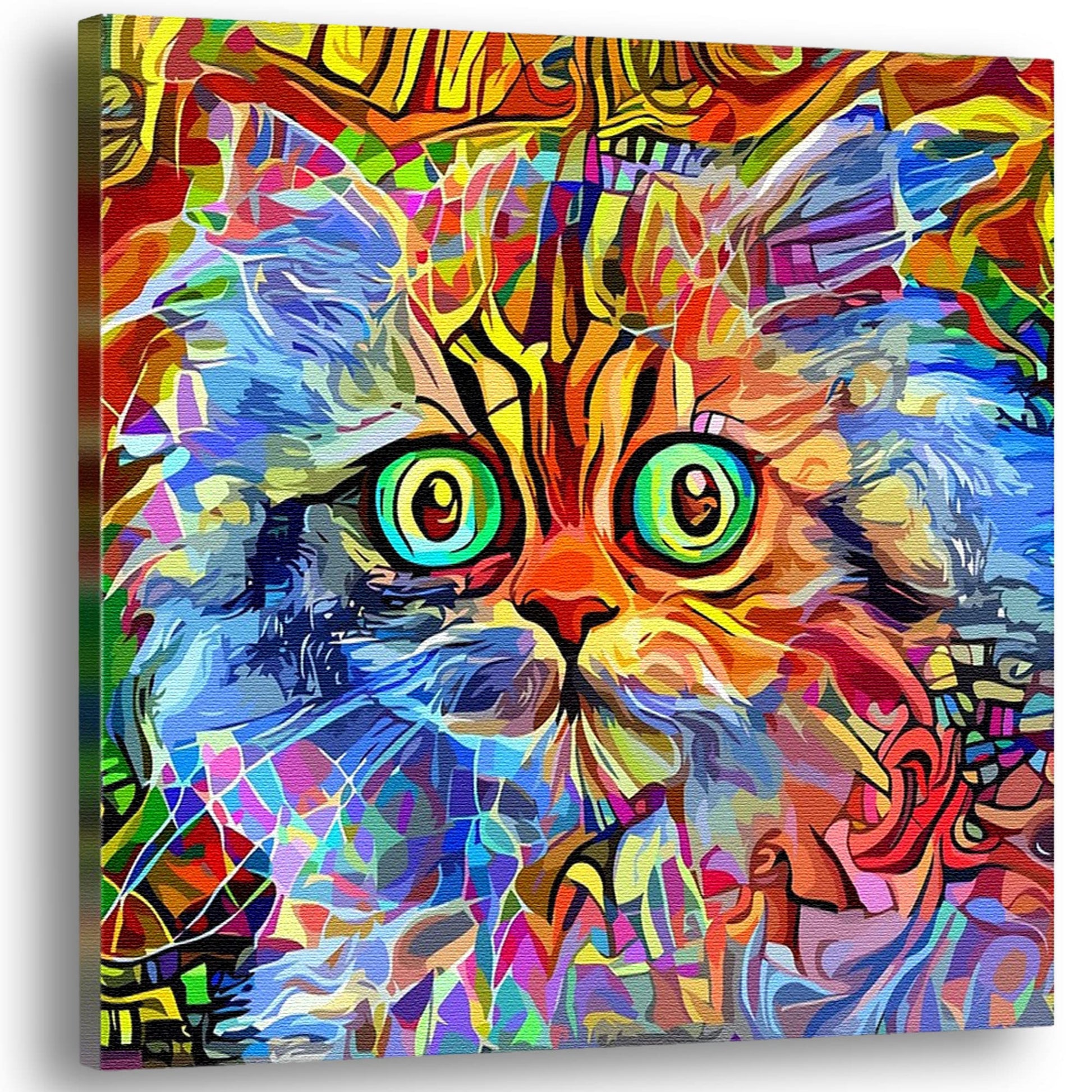 Vibrant multicolor cat wall art with abstract geometric patterns and large bright eyes on square canvas displayed angled view