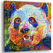 Colorful abstract panda bear with vibrant geometric and layered patterns on square canvas wall art against white background