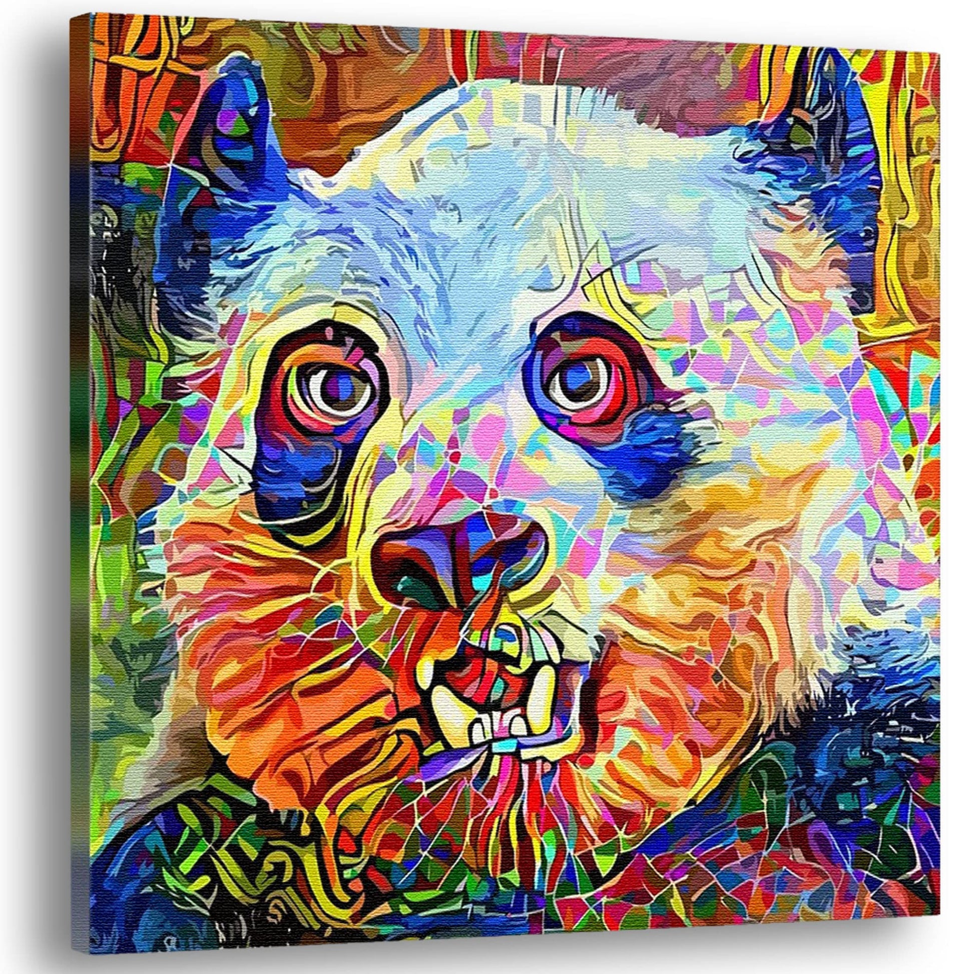 Colorful abstract panda bear with vibrant geometric and layered patterns on square canvas wall art against white background