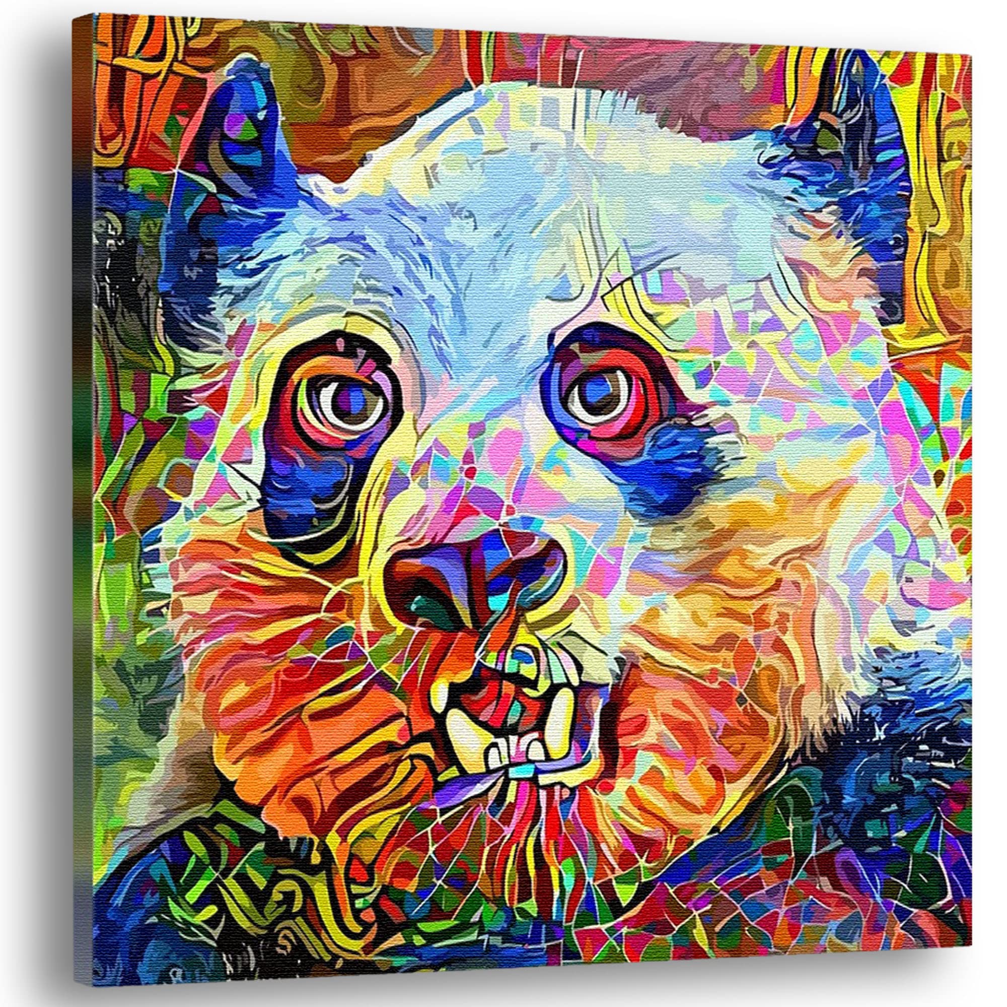 Colorful abstract panda bear with vibrant geometric and layered patterns on square canvas wall art against white background