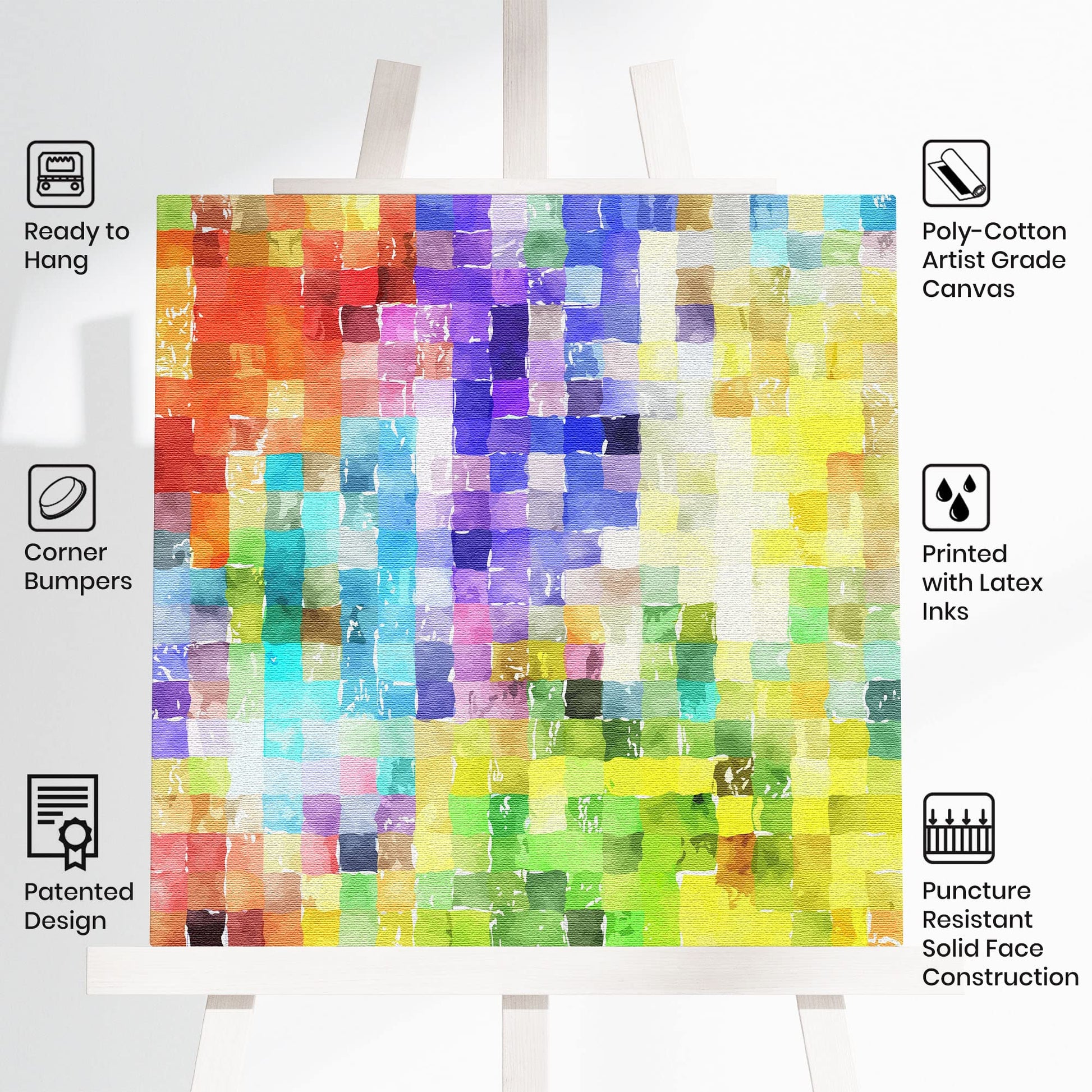 Colorful abstract watercolor mosaic wall art on square canvas displayed on easel with product features icons in bright setting
