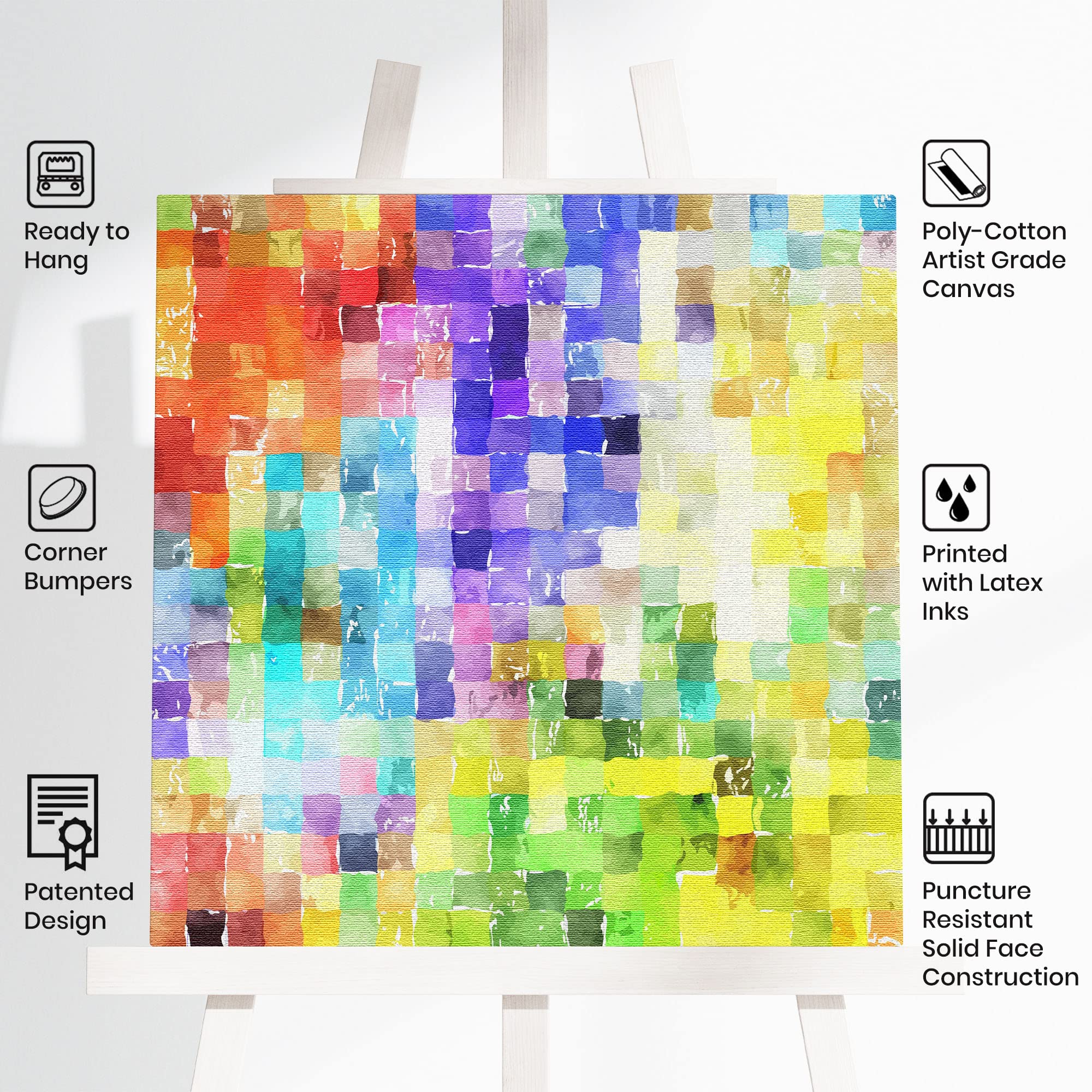 Colorful abstract watercolor mosaic wall art on square canvas displayed on easel with product features icons in bright setting