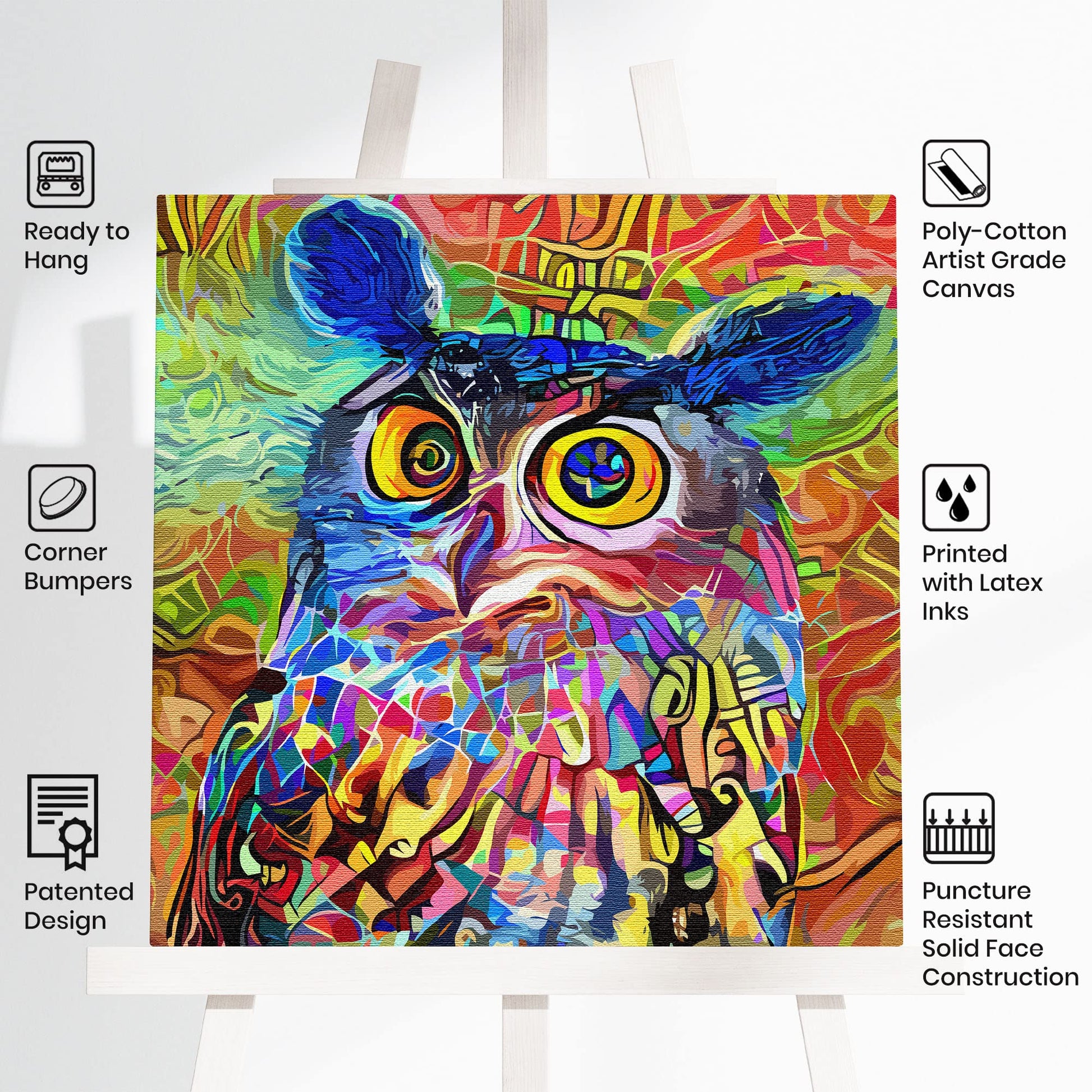 Colorful geometric mosaic owl with vibrant swirling and abstract patterns on square canvas artwork on white easel