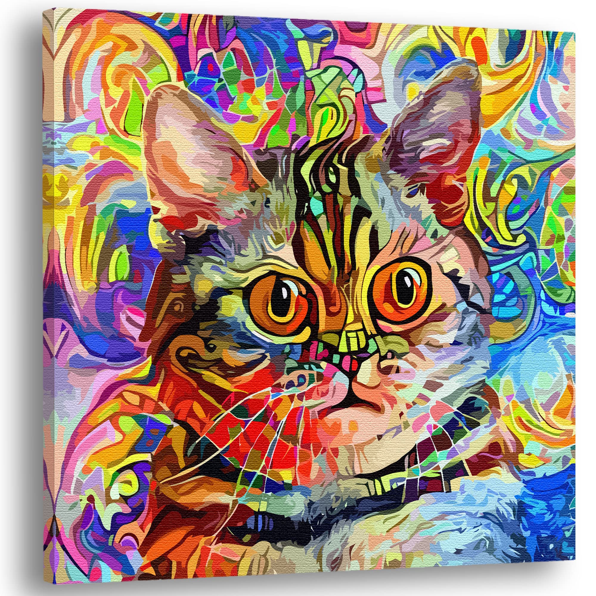 Colorful watercolor cat wall art with vibrant abstract patterns and bold lines on bright multicolor canvas close-up portrait