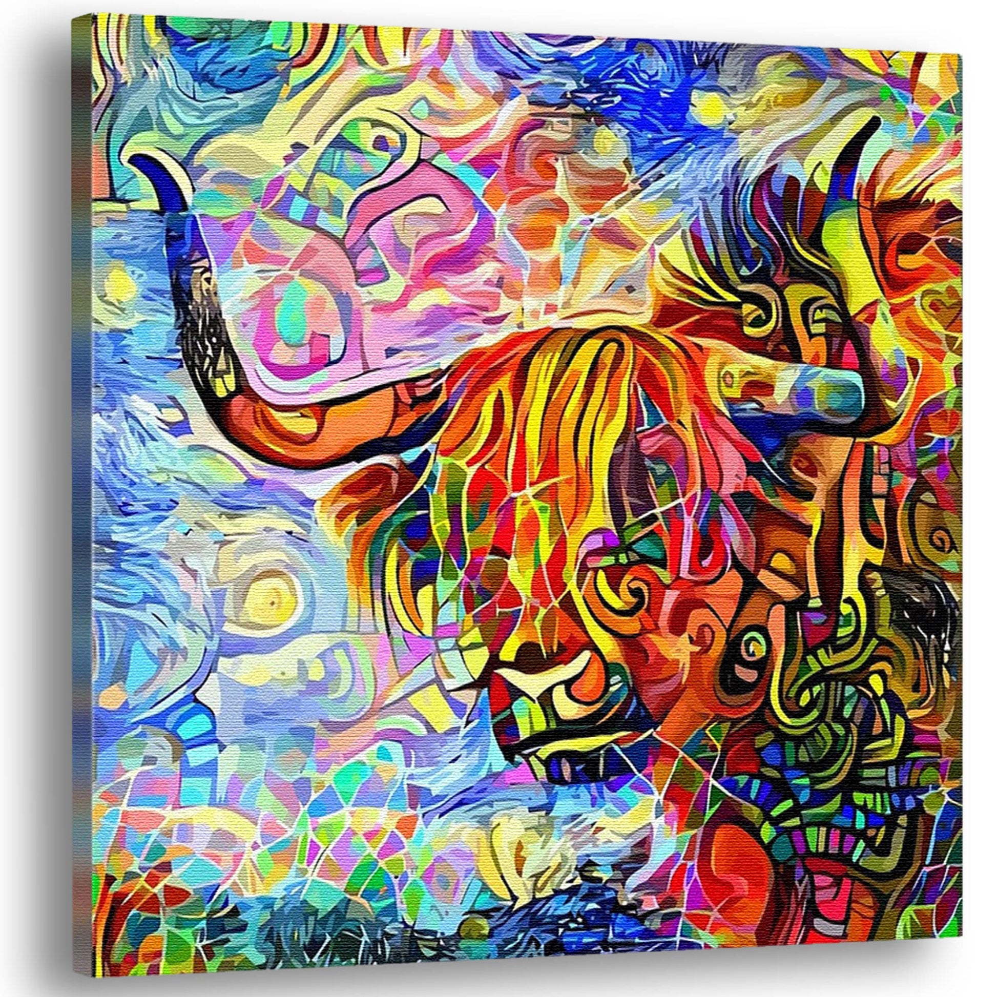 Colorful abstract Highland bull painting with vivid swirling patterns on square canvas displayed angled against white background