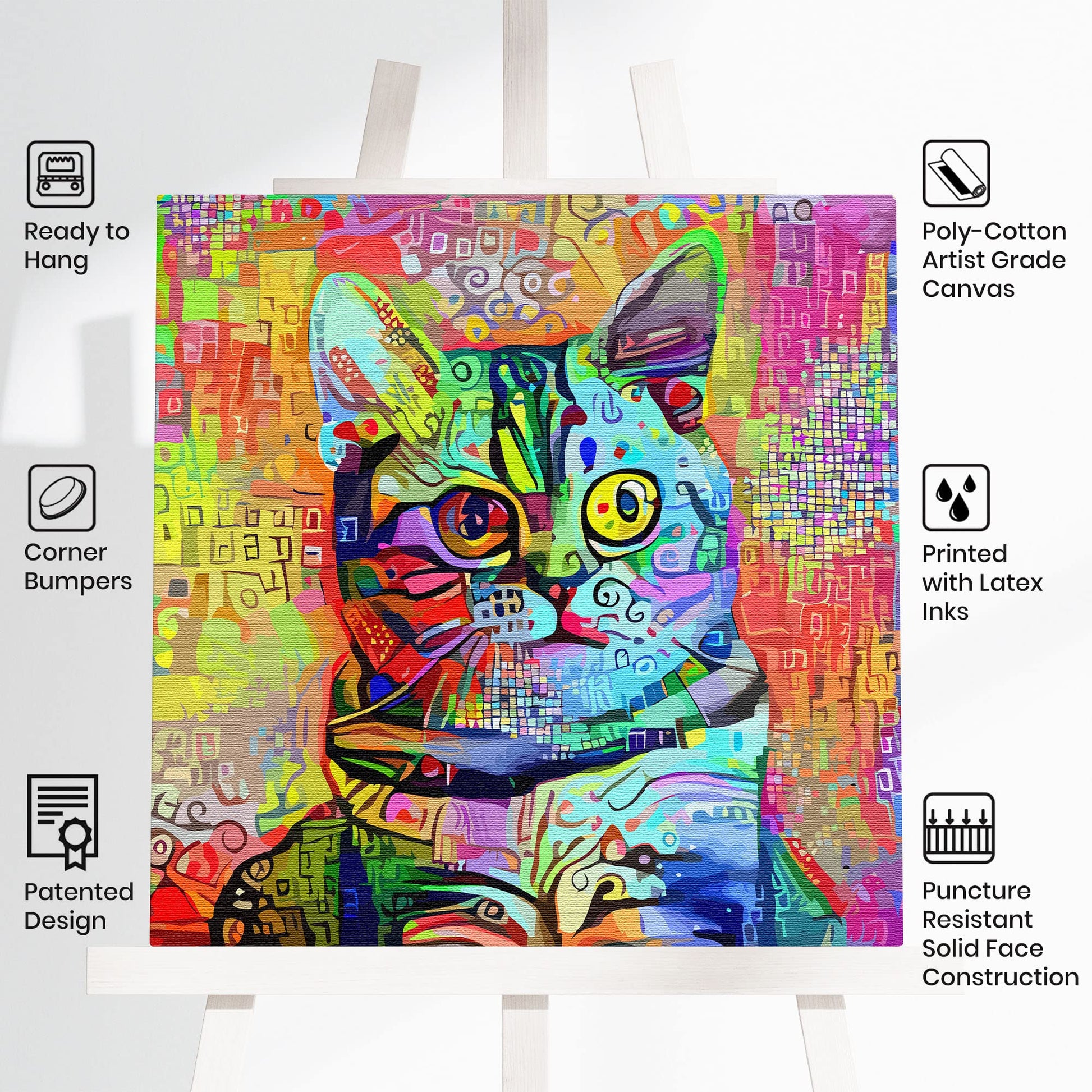 Colorful mosaic cat wall art with vibrant geometric patterns and expressive eyes on square canvas displayed on easel