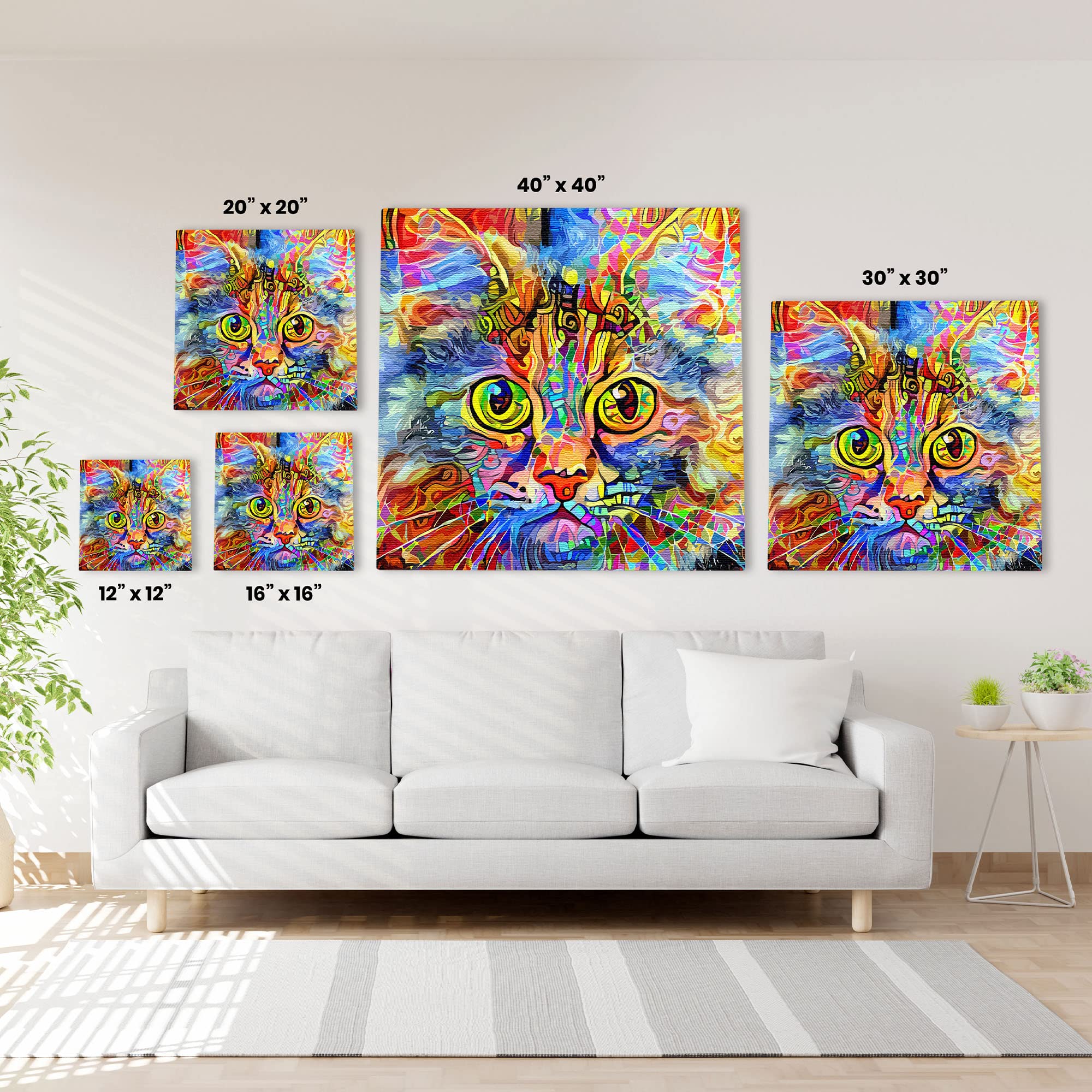 Vibrant cat art canvas with bright multicolor abstract patterns and large vivid expressive green eyes on various sized square canvases above white sofa
