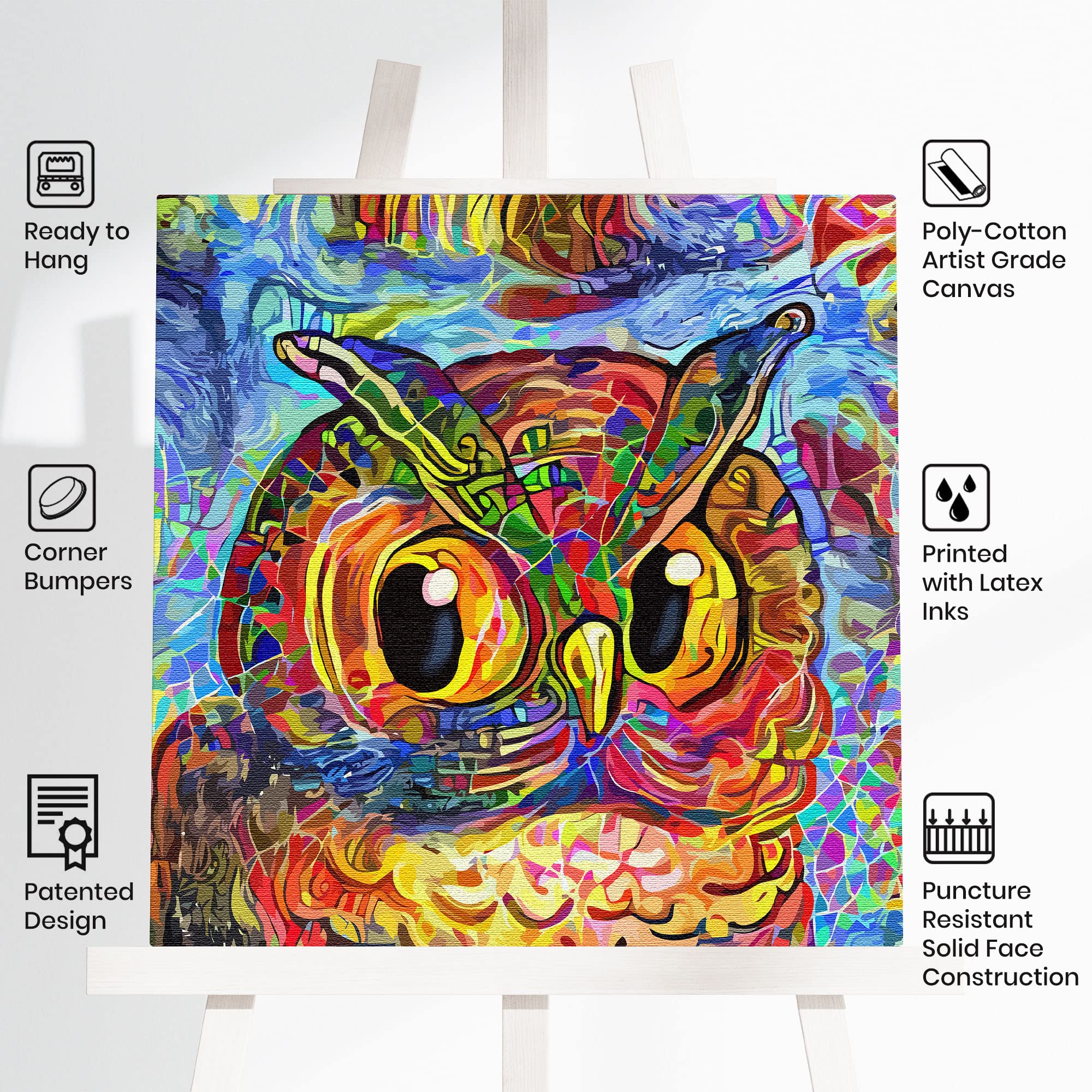 Colorful abstract owl with vibrant swirling patterns on square canvas displayed on white easel with artist-grade fabric