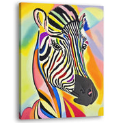 Colorful abstract zebra portrait with bold multicolor stripes printed on canvas displayed angled against white background