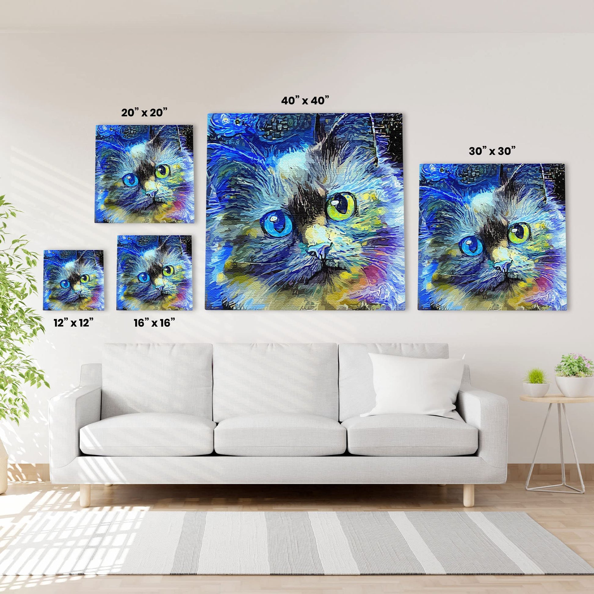 Blue cat canvas art with vibrant abstract brushstrokes and heterochromatic eyes displayed above white sofa in modern living room