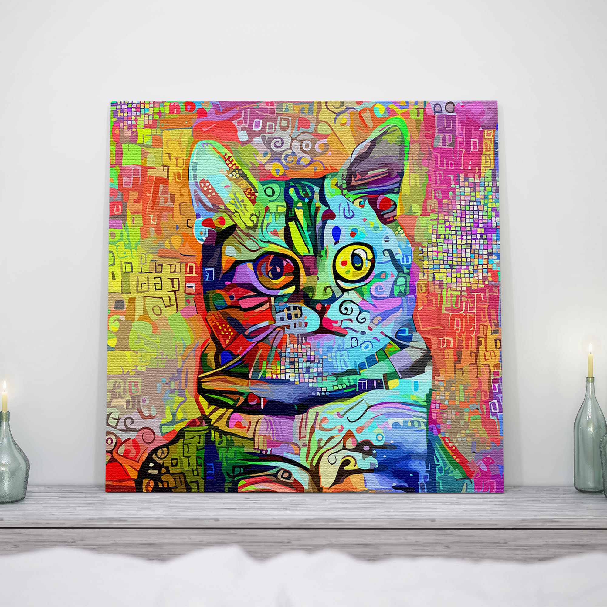 Bright mosaic cat wall art with vibrant multicolor geometric patterns and expressive eyes on square canvas displayed on mantel
