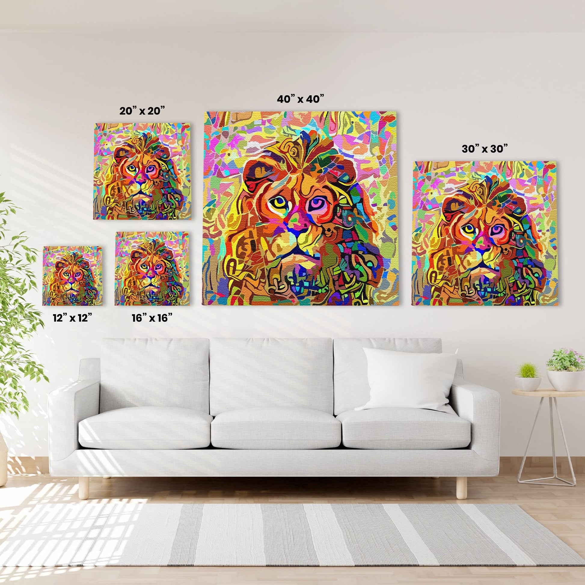 Colorful peaceful serene lion artwork on multiple square canvases displayed on white wall above modern white sofa in bright room