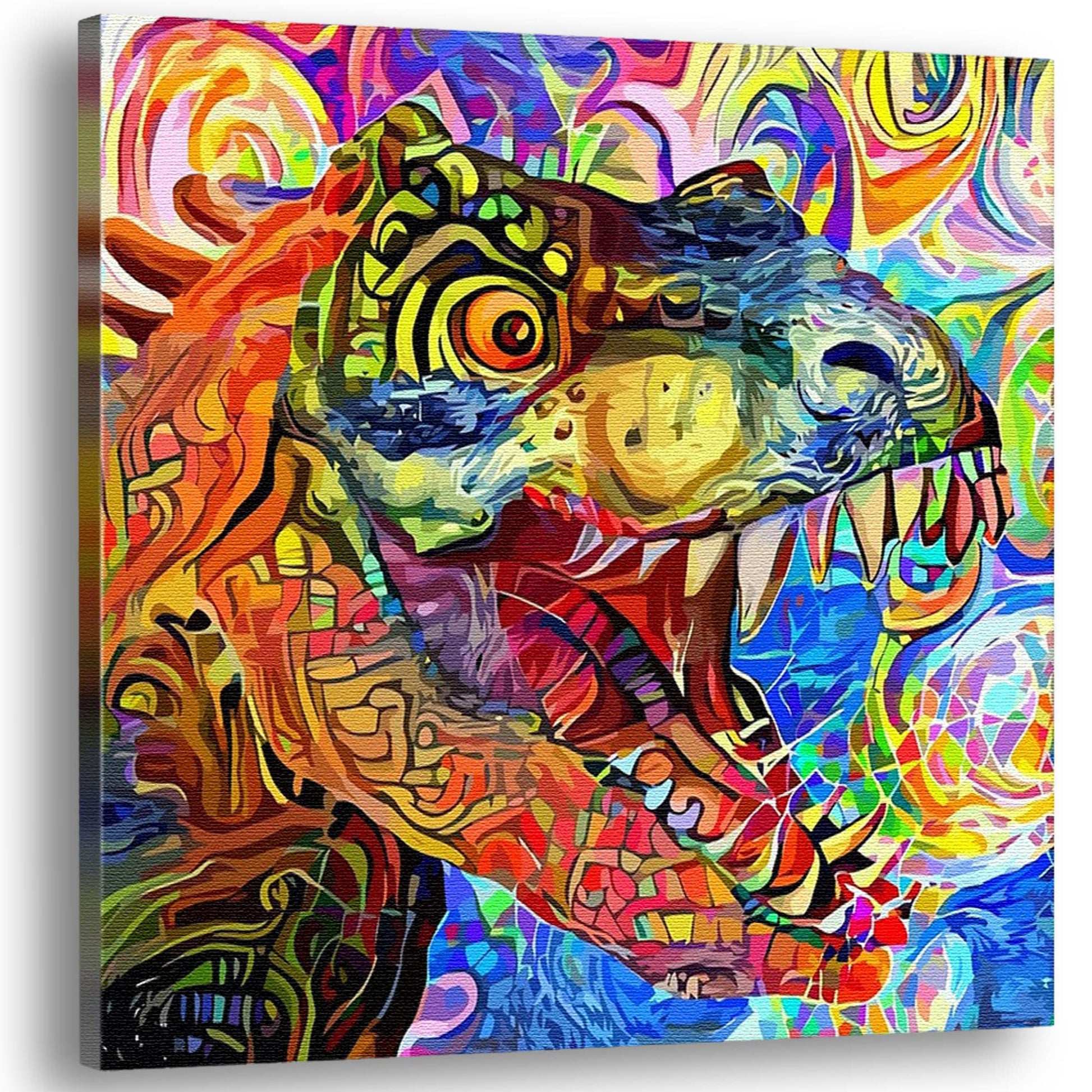 Bright colorful geometric mosaic T-Rex dinosaur wall art canvas with bold abstract patterns on square frame display