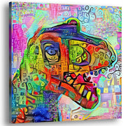 Colorful geometric mosaic T-Rex dinosaur art with vibrant abstract patterns on square canvas with vivid multicolor background