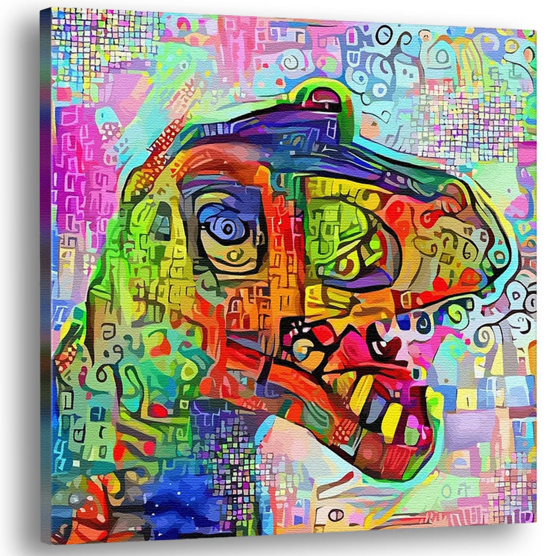 Colorful geometric mosaic T-Rex dinosaur art with vibrant abstract patterns on square canvas with vivid multicolor background