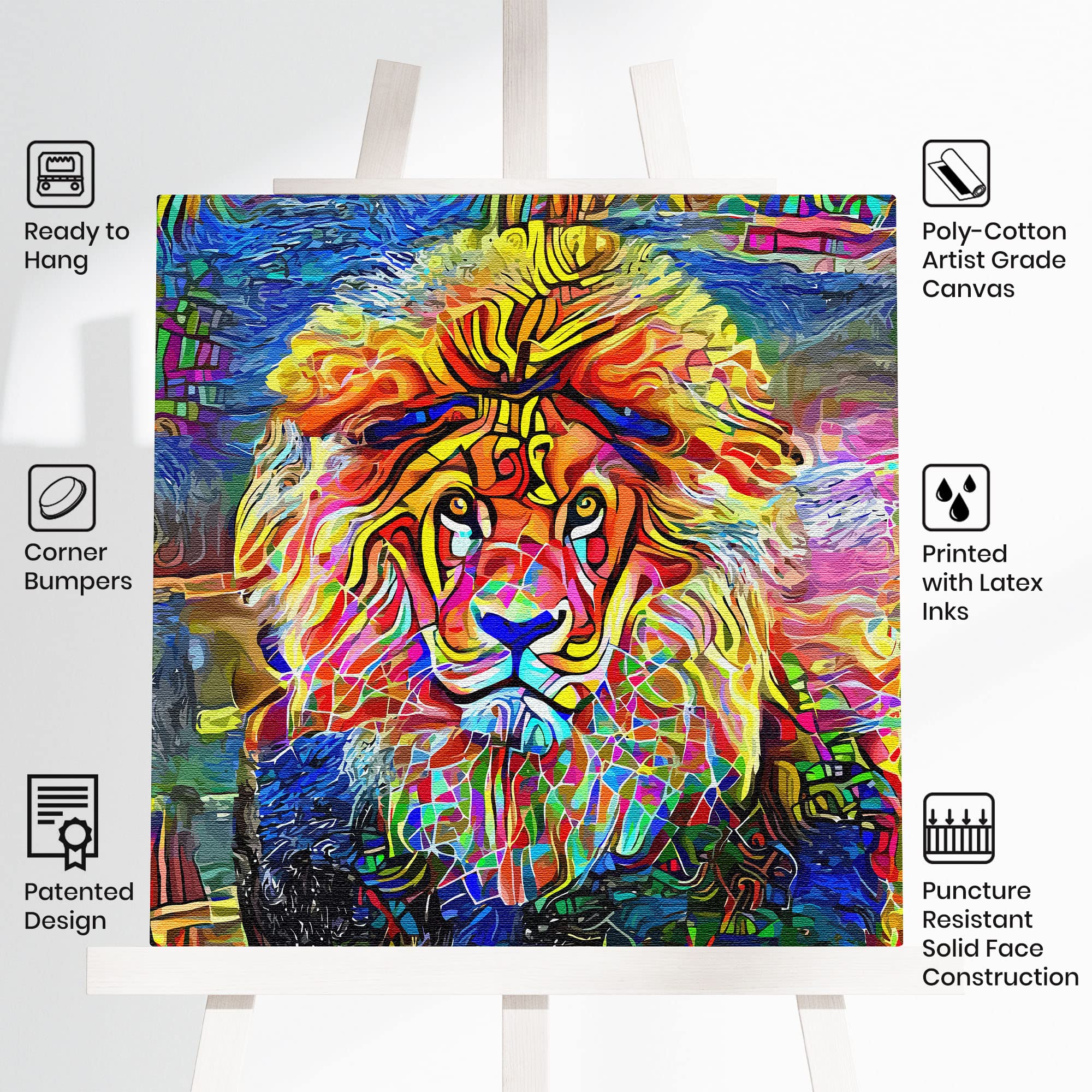 Colorful abstract lion face wall art on vibrant textured canvas displayed on easel with product feature icons