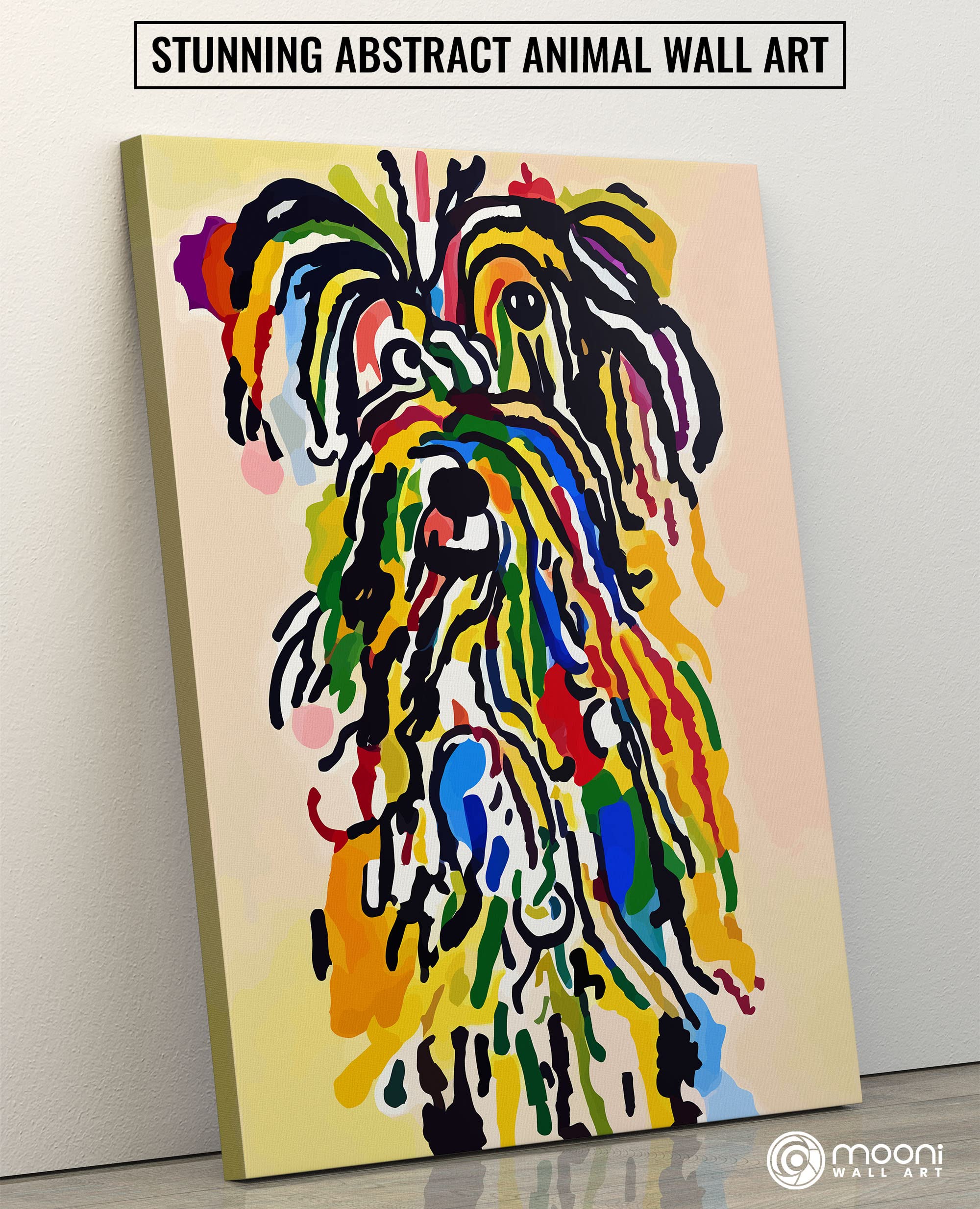 Funny abstract shaggy dog art with bold multicolor brush strokes on canvas leaning against light wall