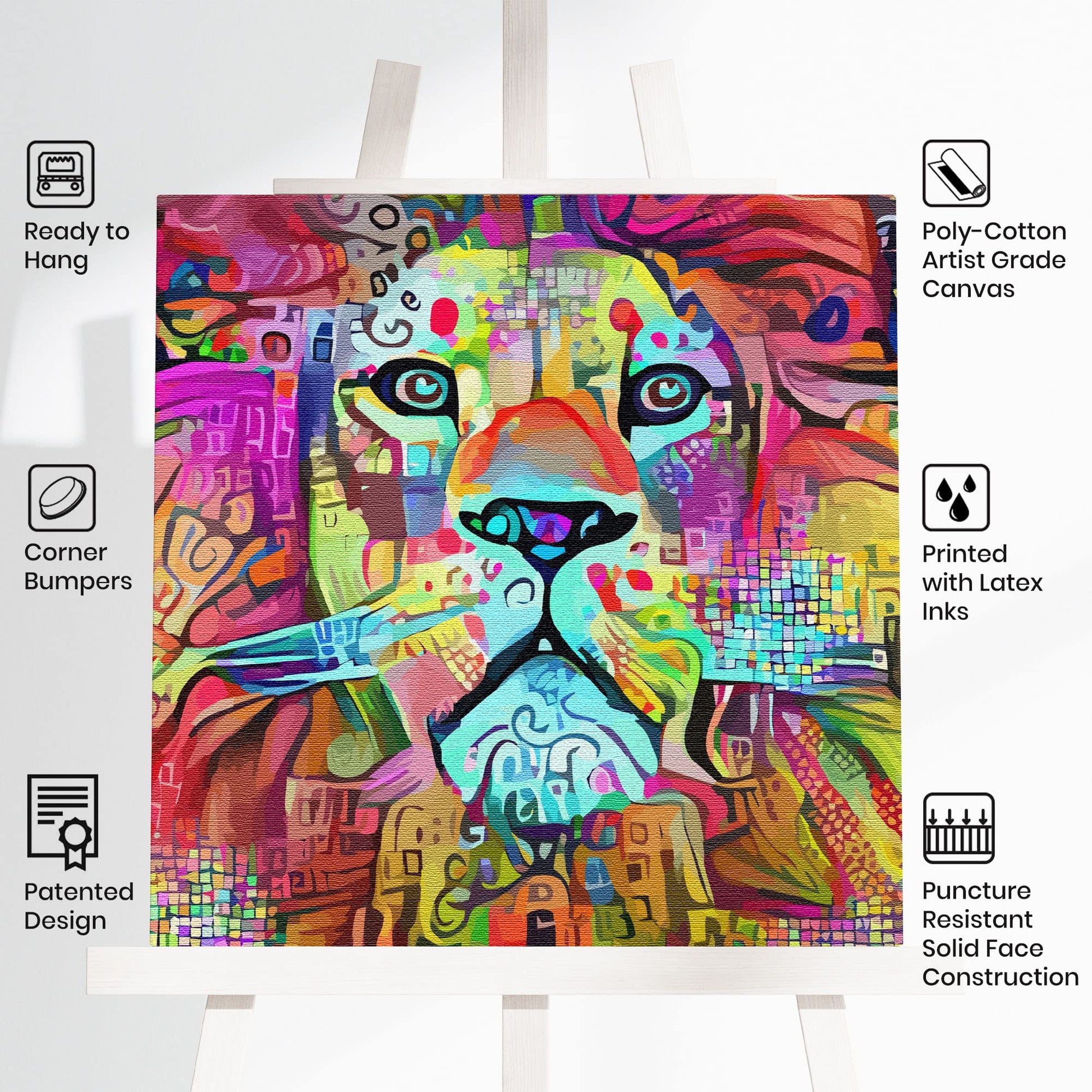 Vibrant colorful abstract lion artwork on square canvas displayed on white background with product feature icons
