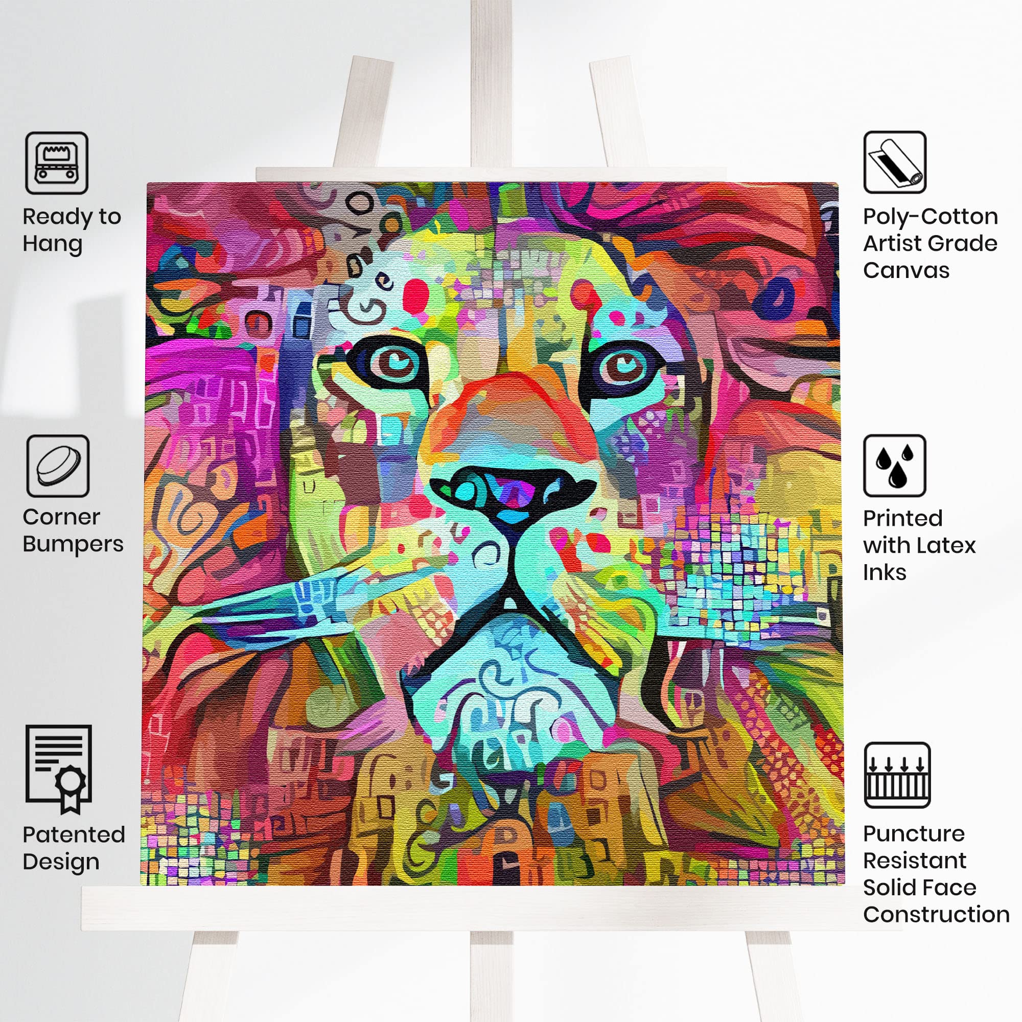 Vibrant colorful abstract lion artwork on square canvas displayed on white background with product feature icons
