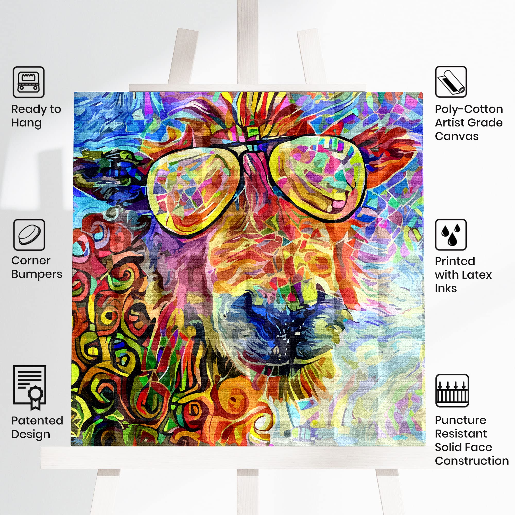 Funny abstract colorful sheep head wearing sunglasses with vibrant geometric and swirling patterns on canvas wall art