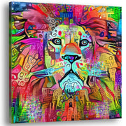Colorful abstract lion artwork on square canvas with intricate geometric patterns and vibrant bright colors