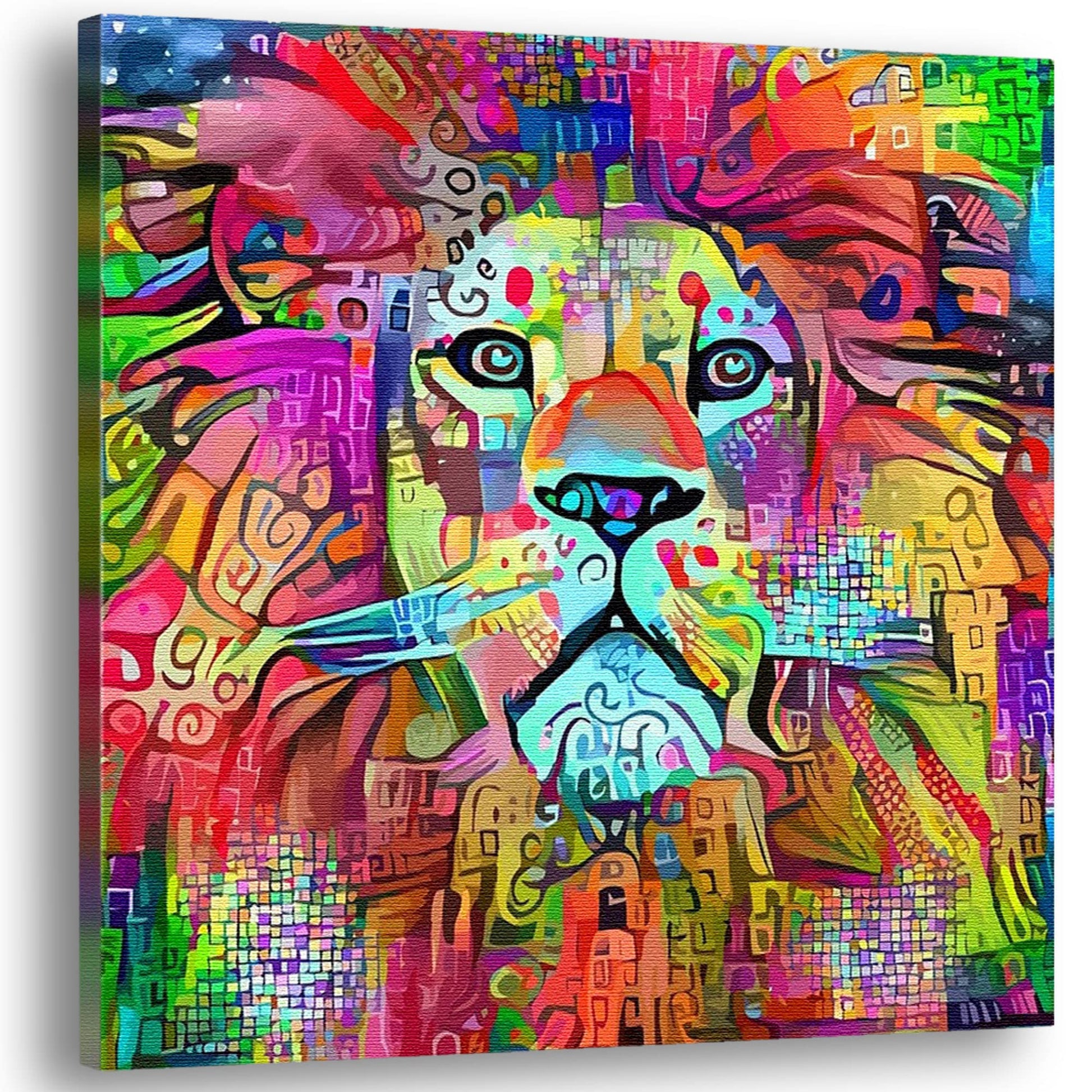 Colorful abstract lion artwork on square canvas with intricate geometric patterns and vibrant bright colors