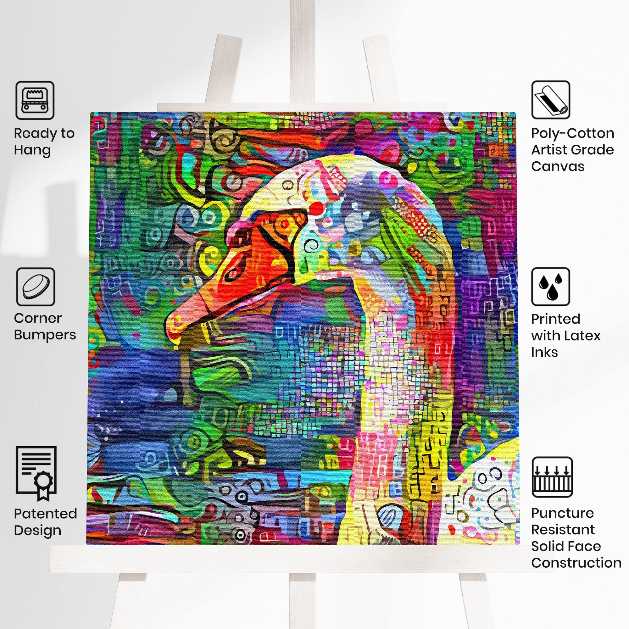 Abstract colorful white swan head with geometric and intricate patterns on vibrant multicolor background printed on square canvas wall art