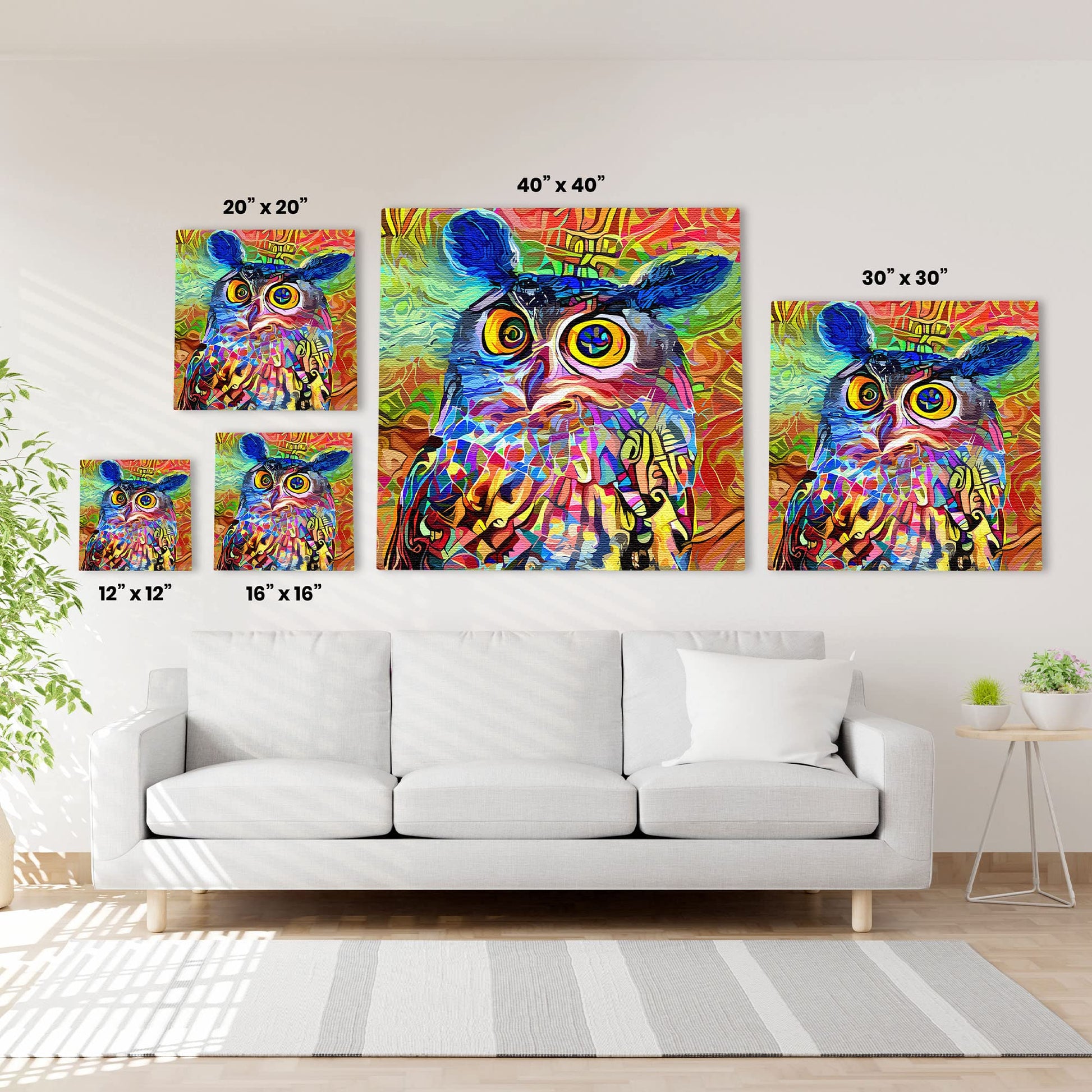 Colorful geometric mosaic owl with vibrant abstract patterns on square canvas wall art above white sofa in modern living room