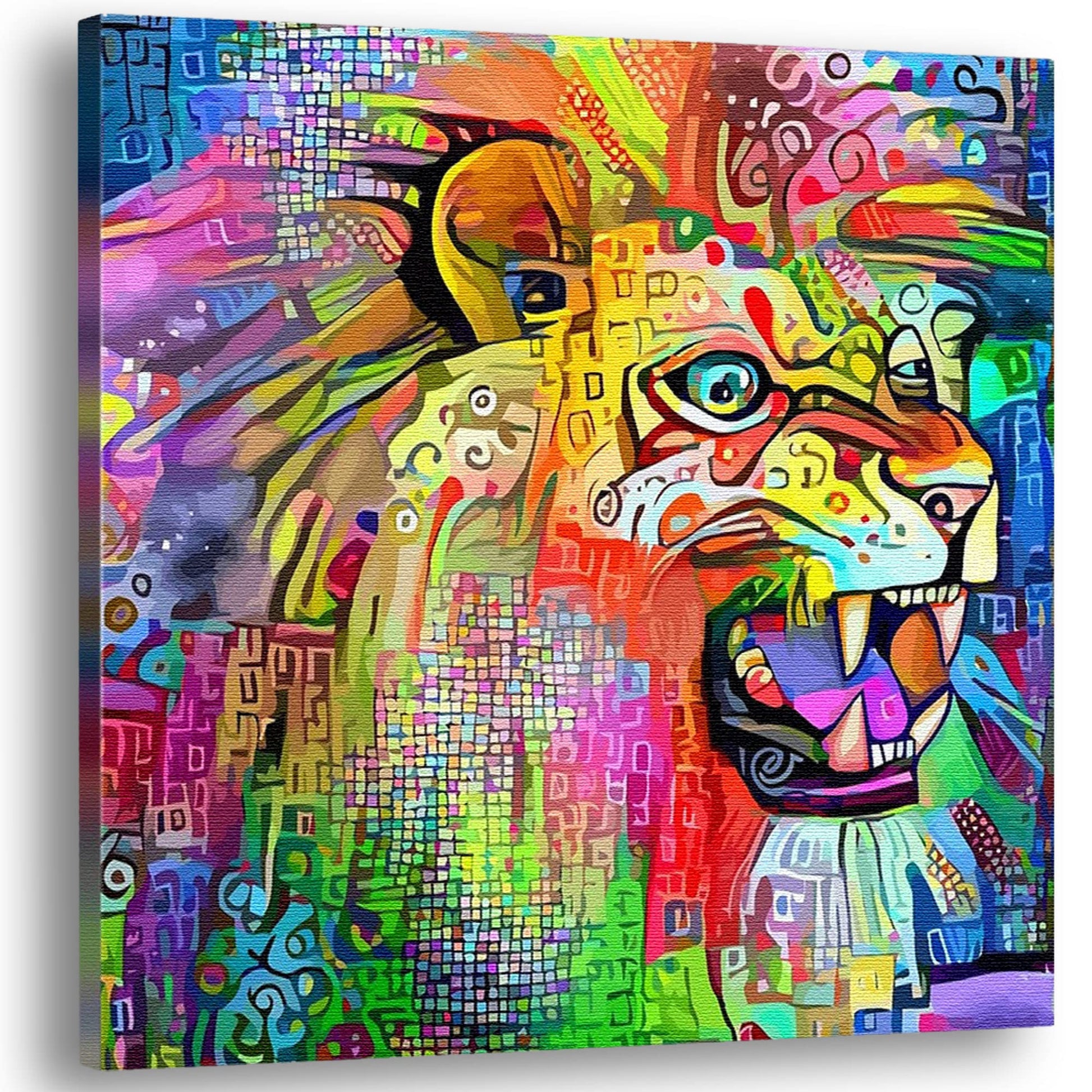 Vibrant multicolored abstract lion artwork on square canvas with bold patterns displayed against white background