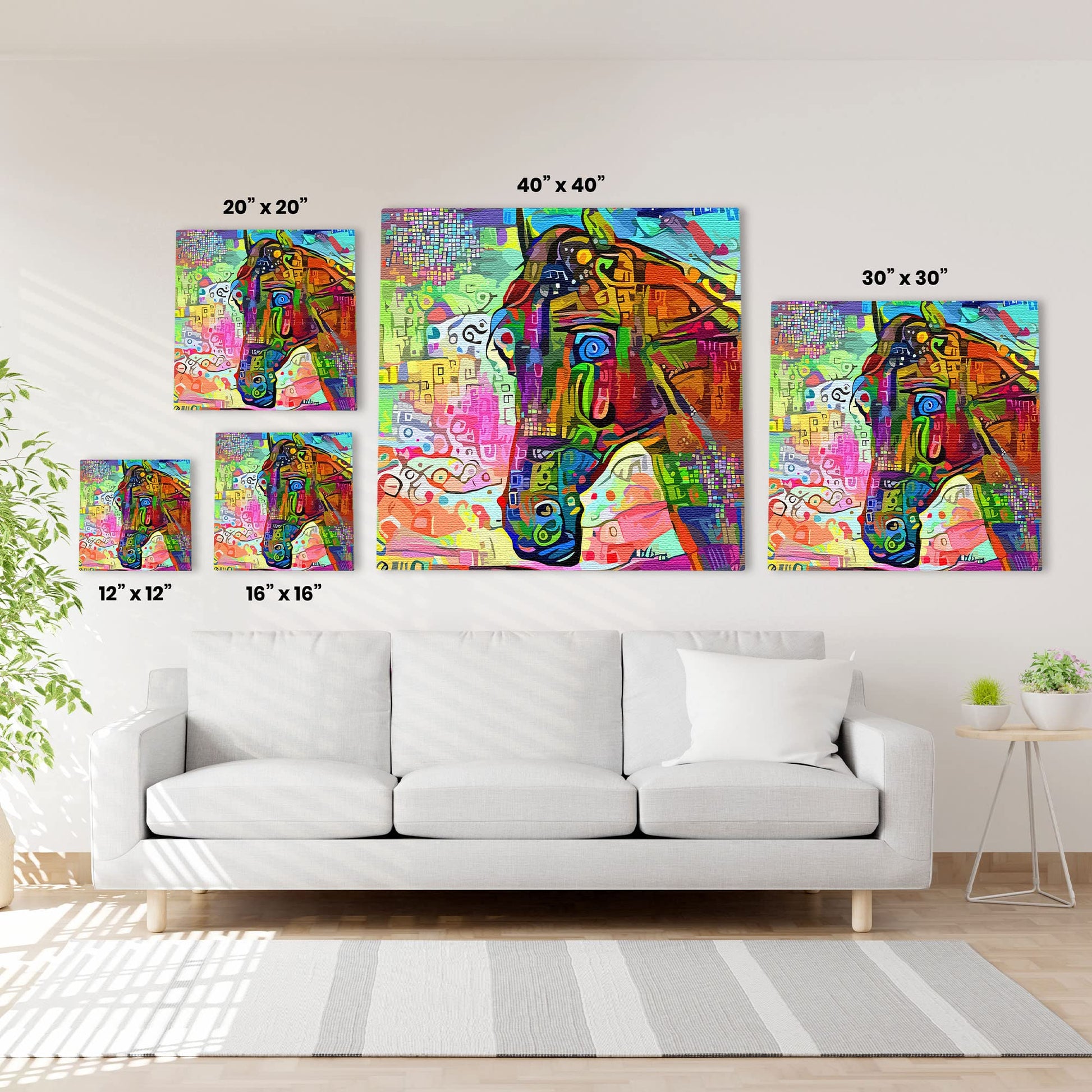 Colorful abstract horse art canvas in vibrant modern minimalist living room wall decor setting