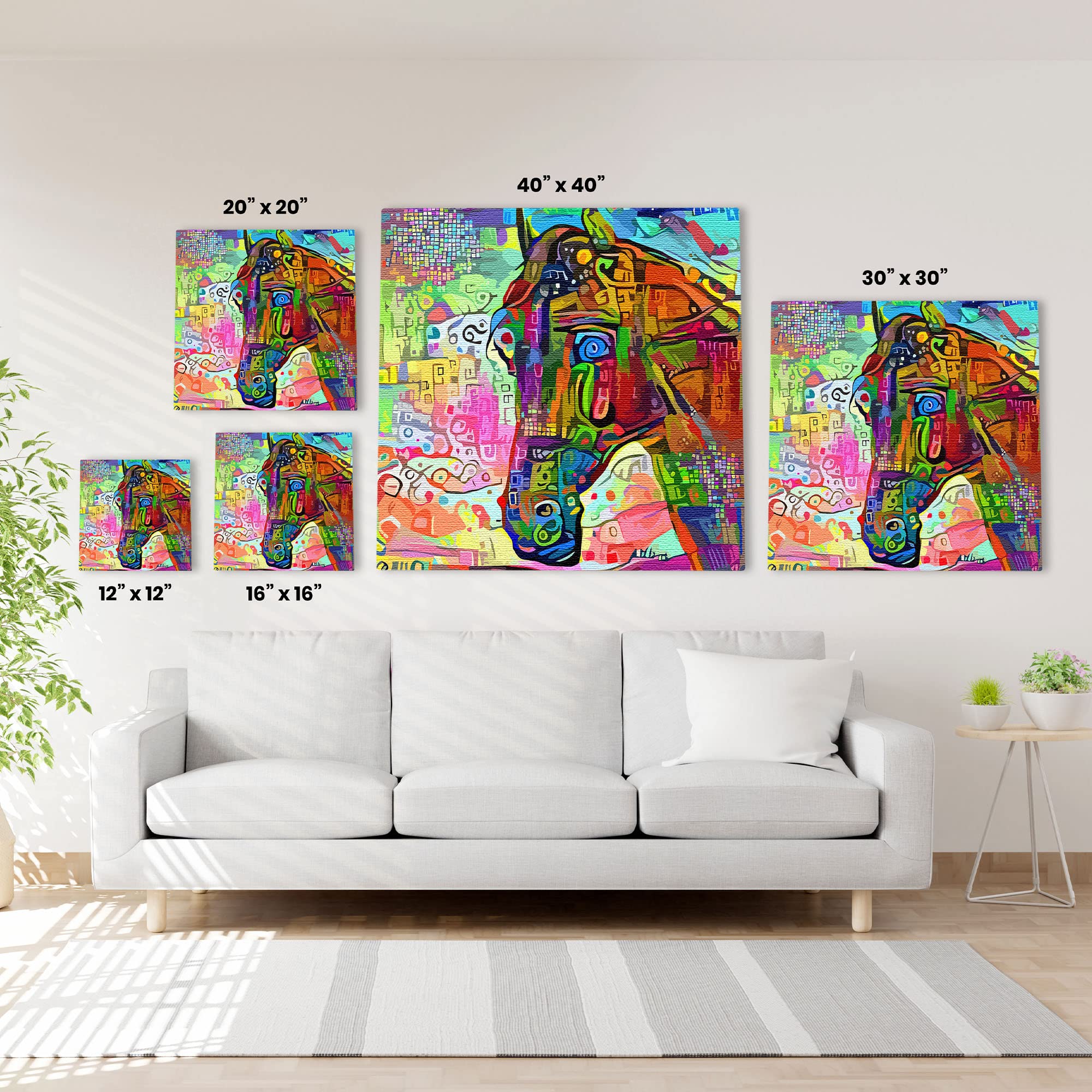 Colorful abstract horse art canvas in vibrant modern minimalist living room wall decor setting